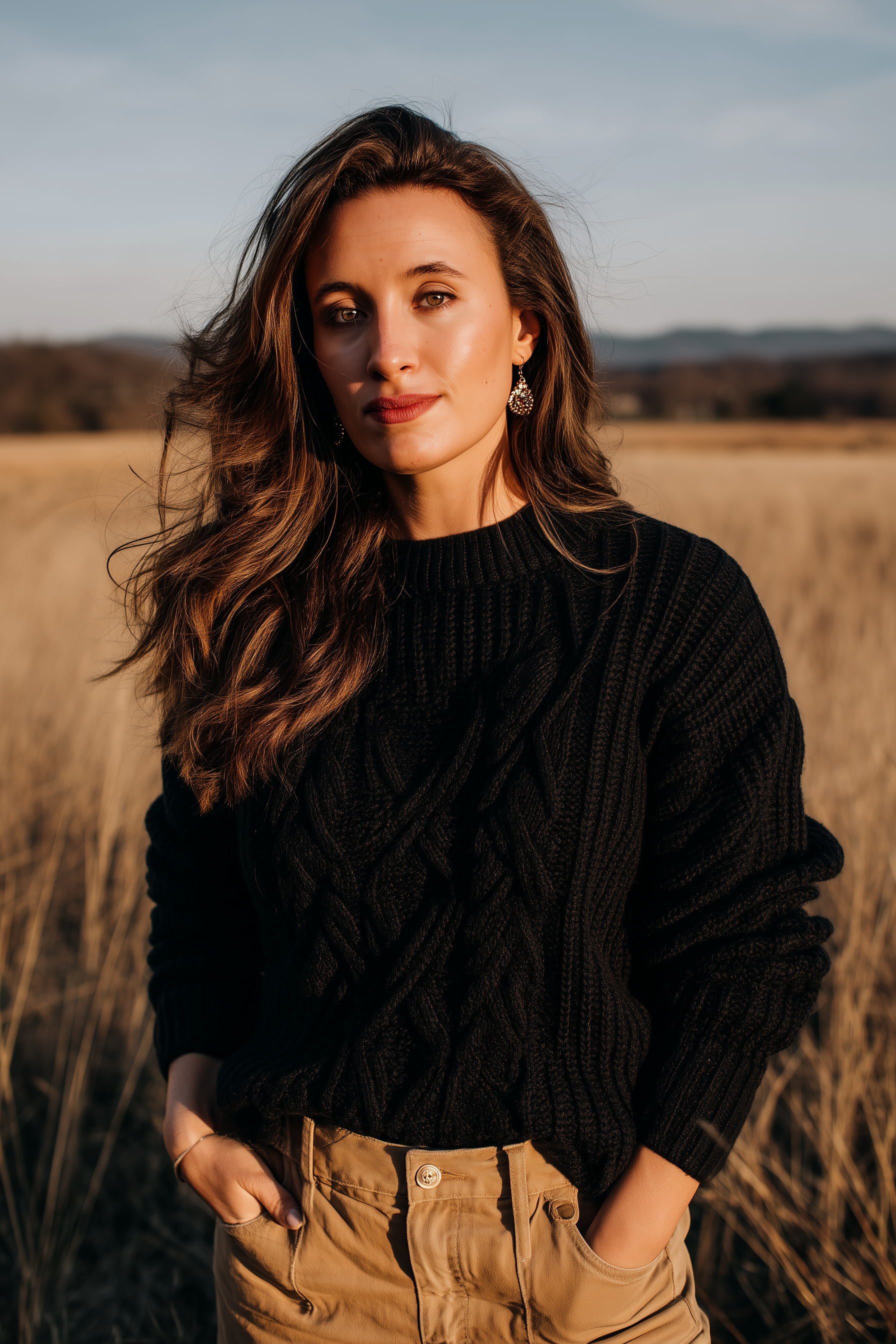 Close-up of a woman with long brown hair, wearing a black sweater and beige pants, standing in a field during sunset.