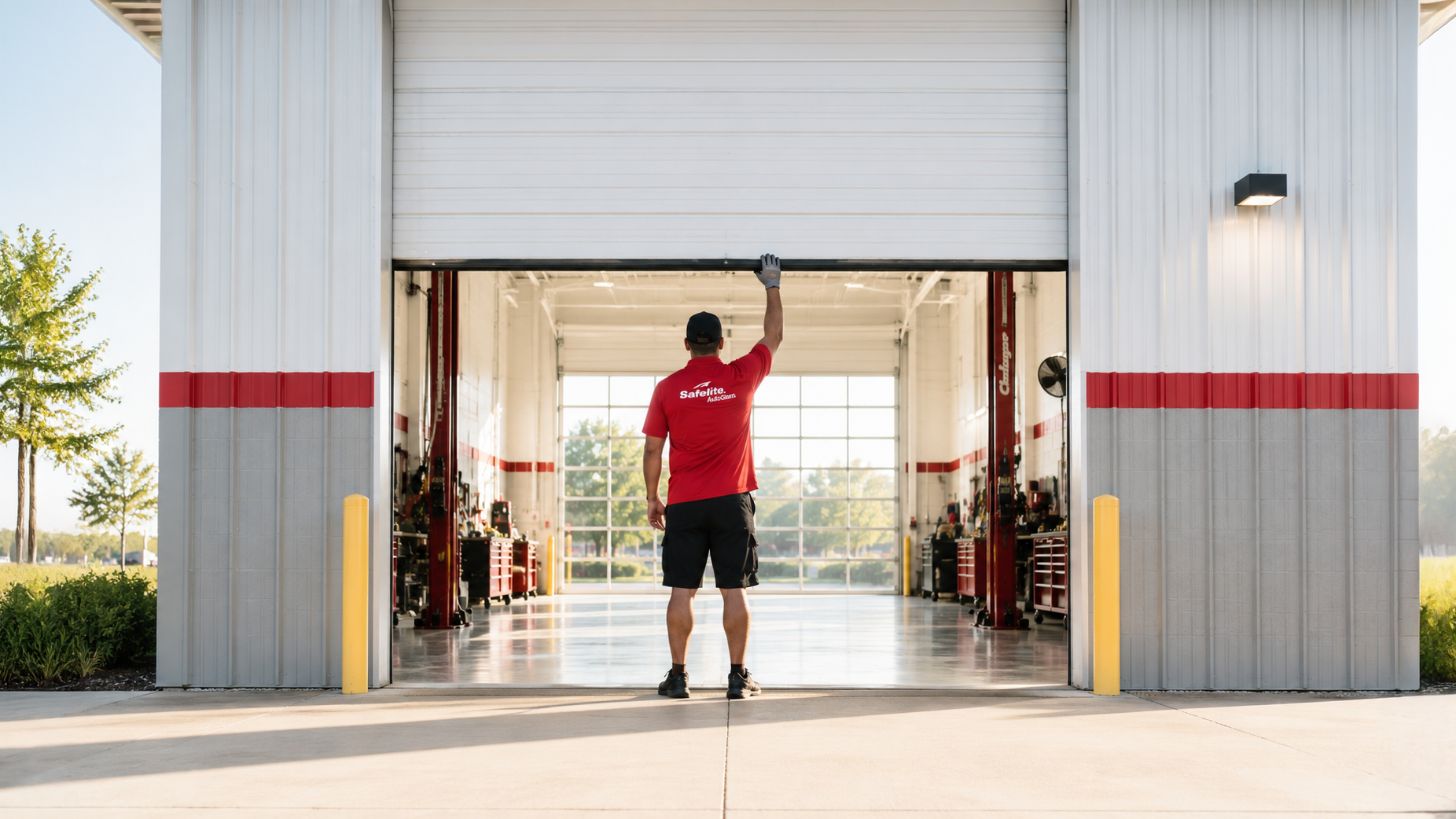 A person in a red Safelite uniform opening an ambulance garage door at a bright, sunny day, with a view into a well-equipped auto repair shop inside.