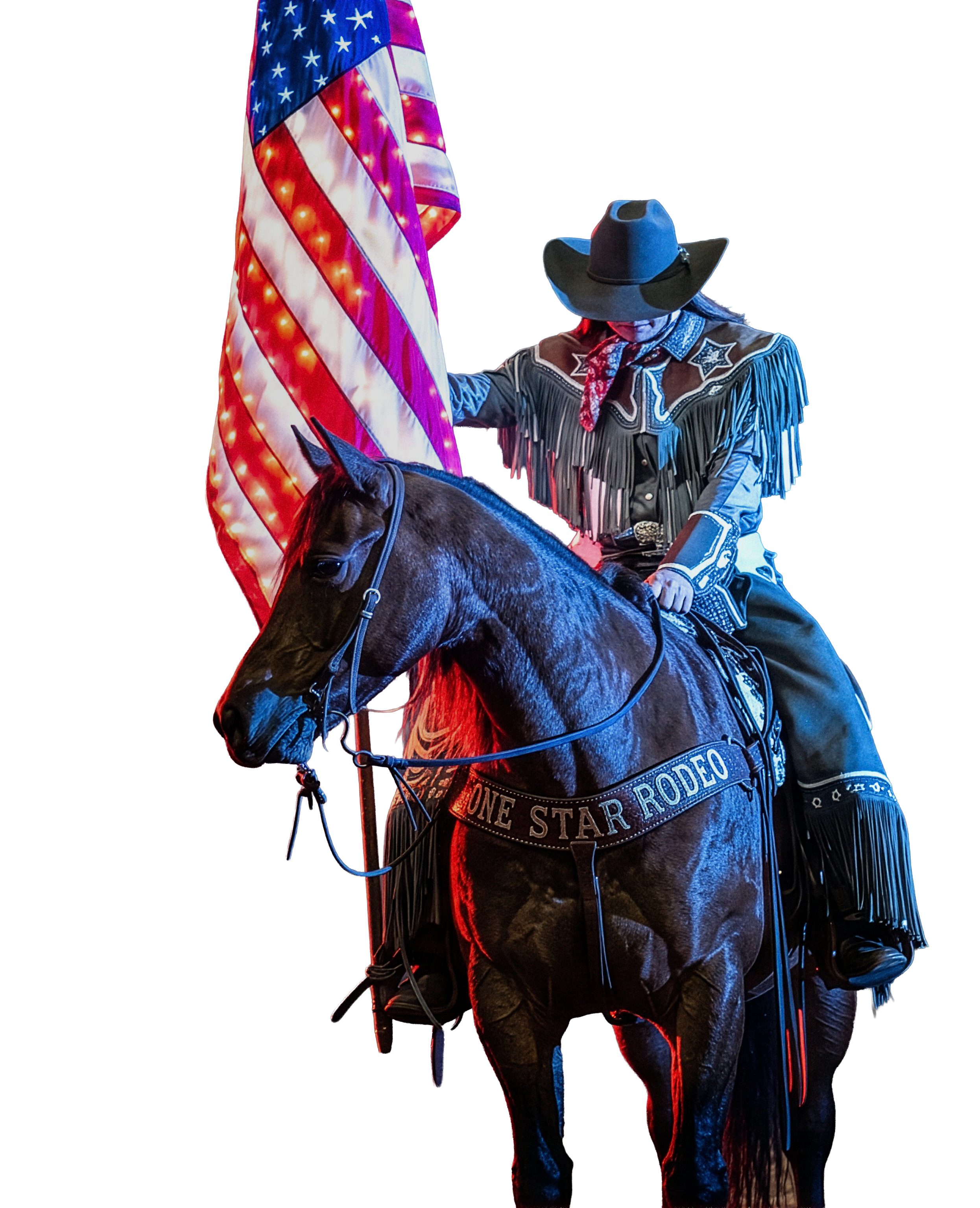 A cowgirl riding a horse, with an American flag in the background illuminated by colorful lights.