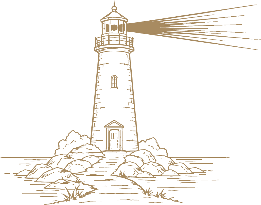 Illustration of a lighthouse on rocky terrain, shining a beam of light into the dark night sky.
