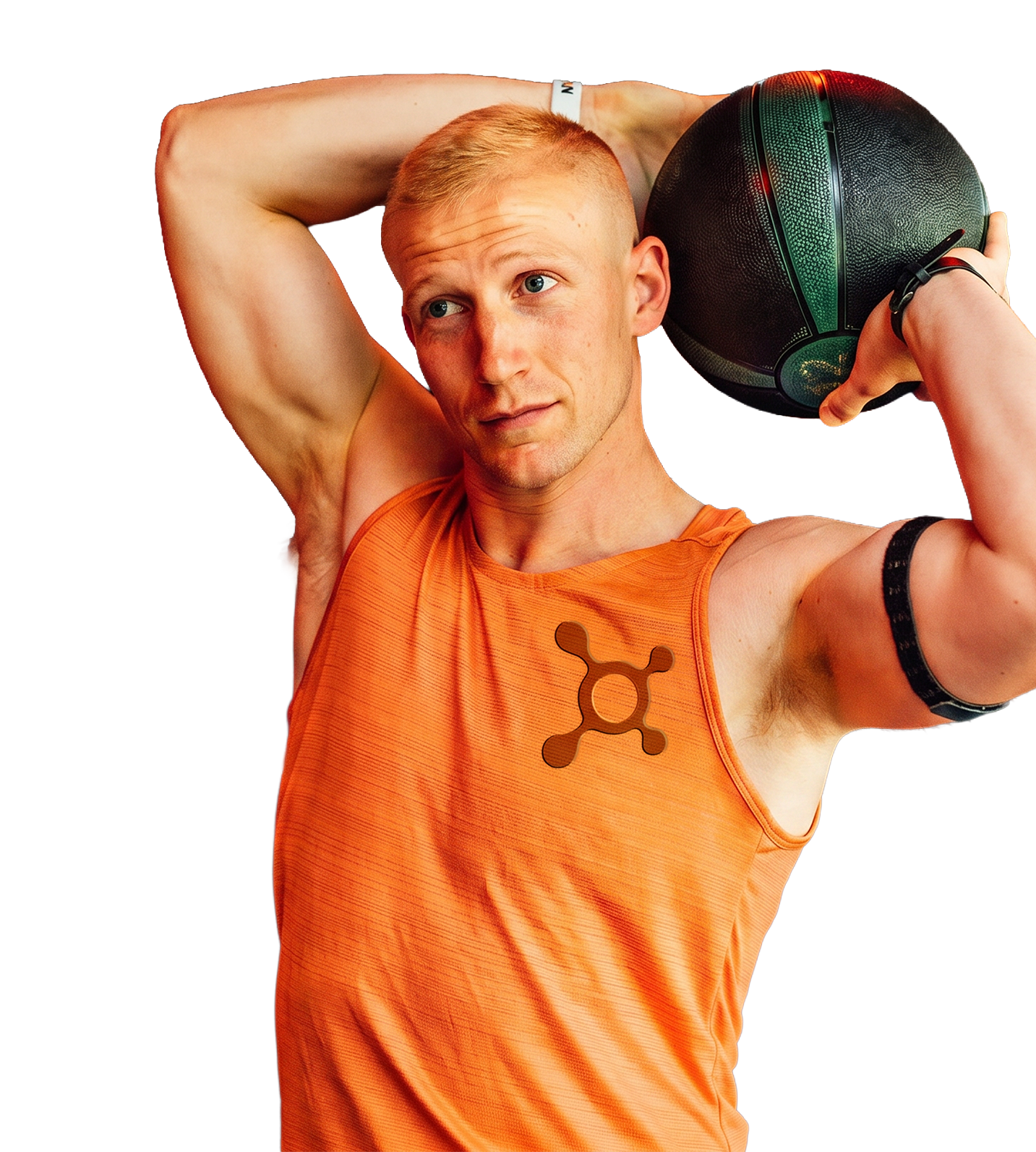 A young man with short blonde hair holding a black medicine ball behind his head, wearing an orange sleeveless athletic shirt with an Orangetheory Fitness logo on the front.