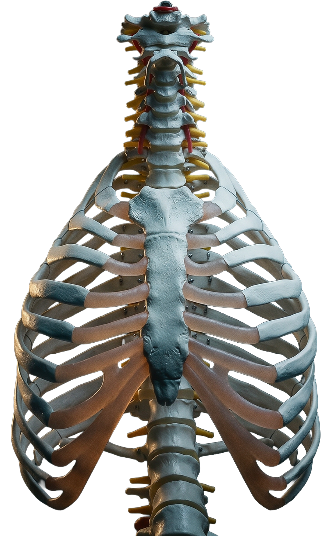 A human skeleton with a detailed view of the ribcage, spine, and collarbones, set against a black background.