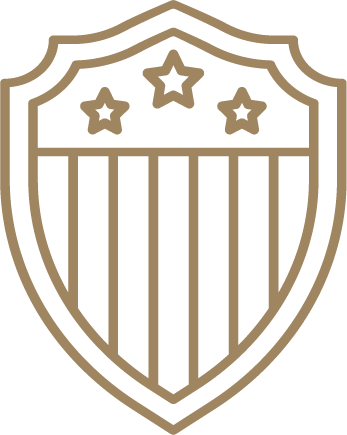 A shield-shaped emblem with three stars at the top and vertical stripes below, resembling a patriot or sports team logo.