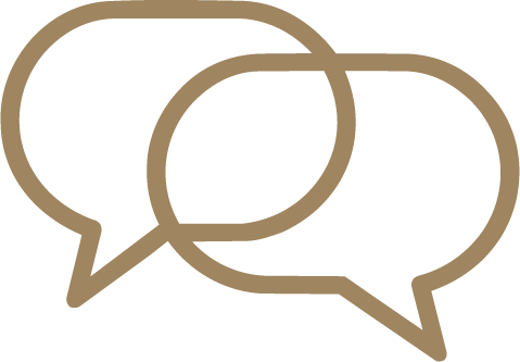 Two overlapping speech bubbles outlined in brown on a black background.