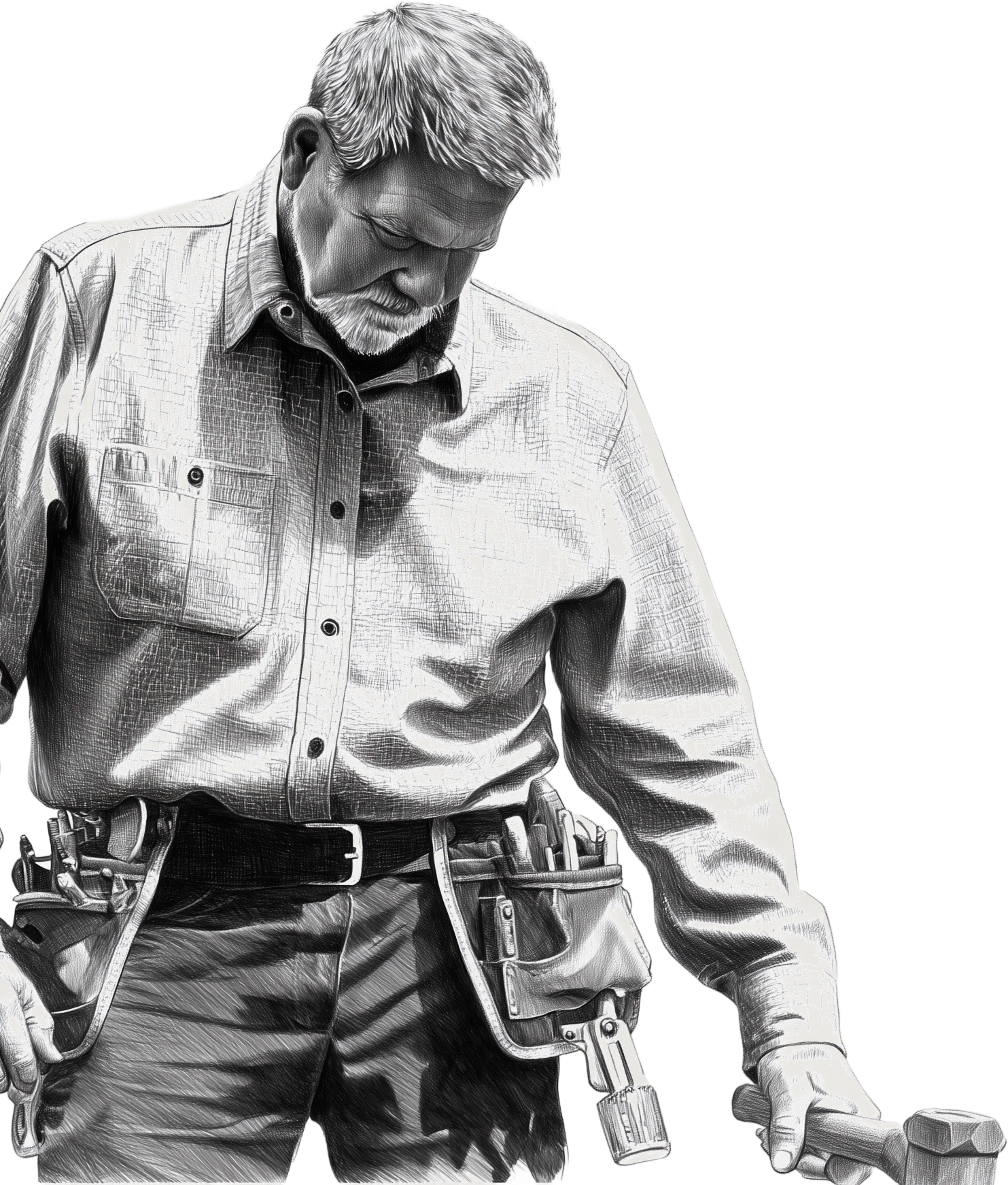 Black and white illustration of a man with gray hair and a beard, wearing a button-up shirt with a chest pocket, holding a hammer, and wearing a carpenter's toolbelt.