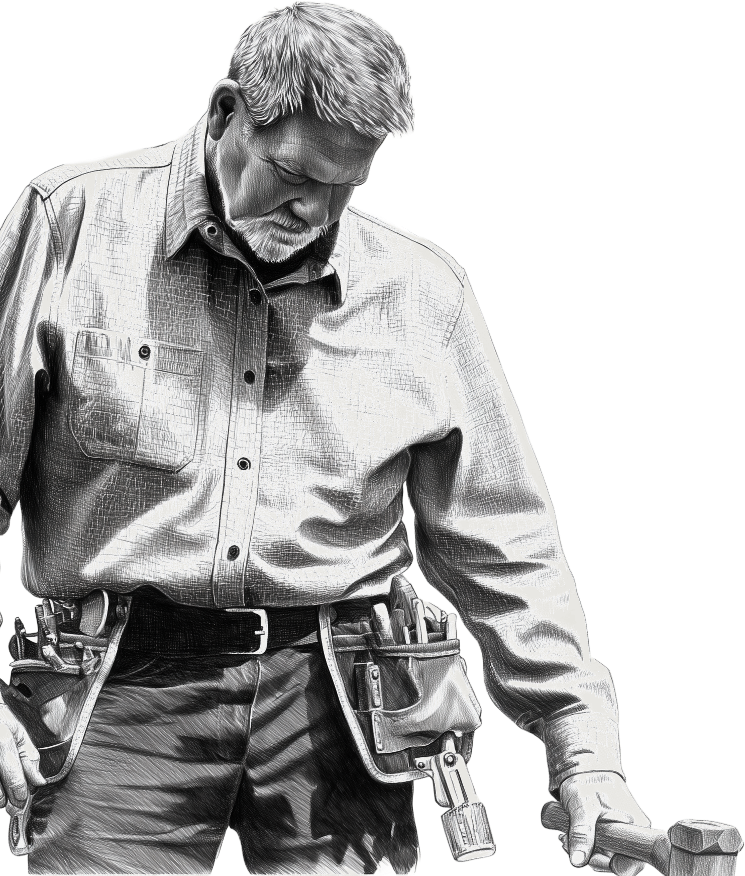Black and white illustration of a man with gray hair and a beard, wearing a button-up shirt with a chest pocket, holding a hammer, and wearing a carpenter's toolbelt.
