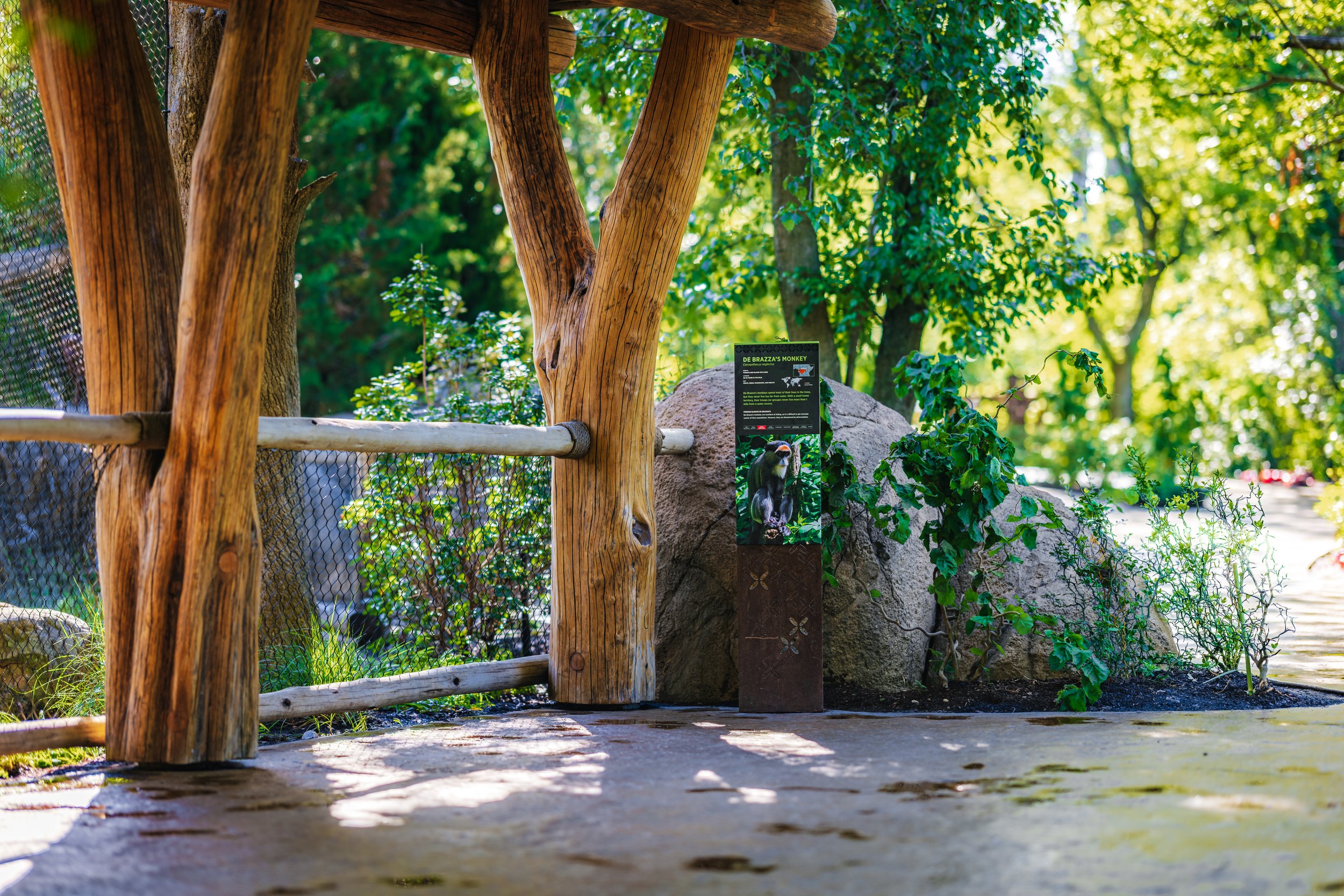 Wooden fence with plants and trees in the background at a zoo enclosure, featuring a small informational sign with a monkey image.