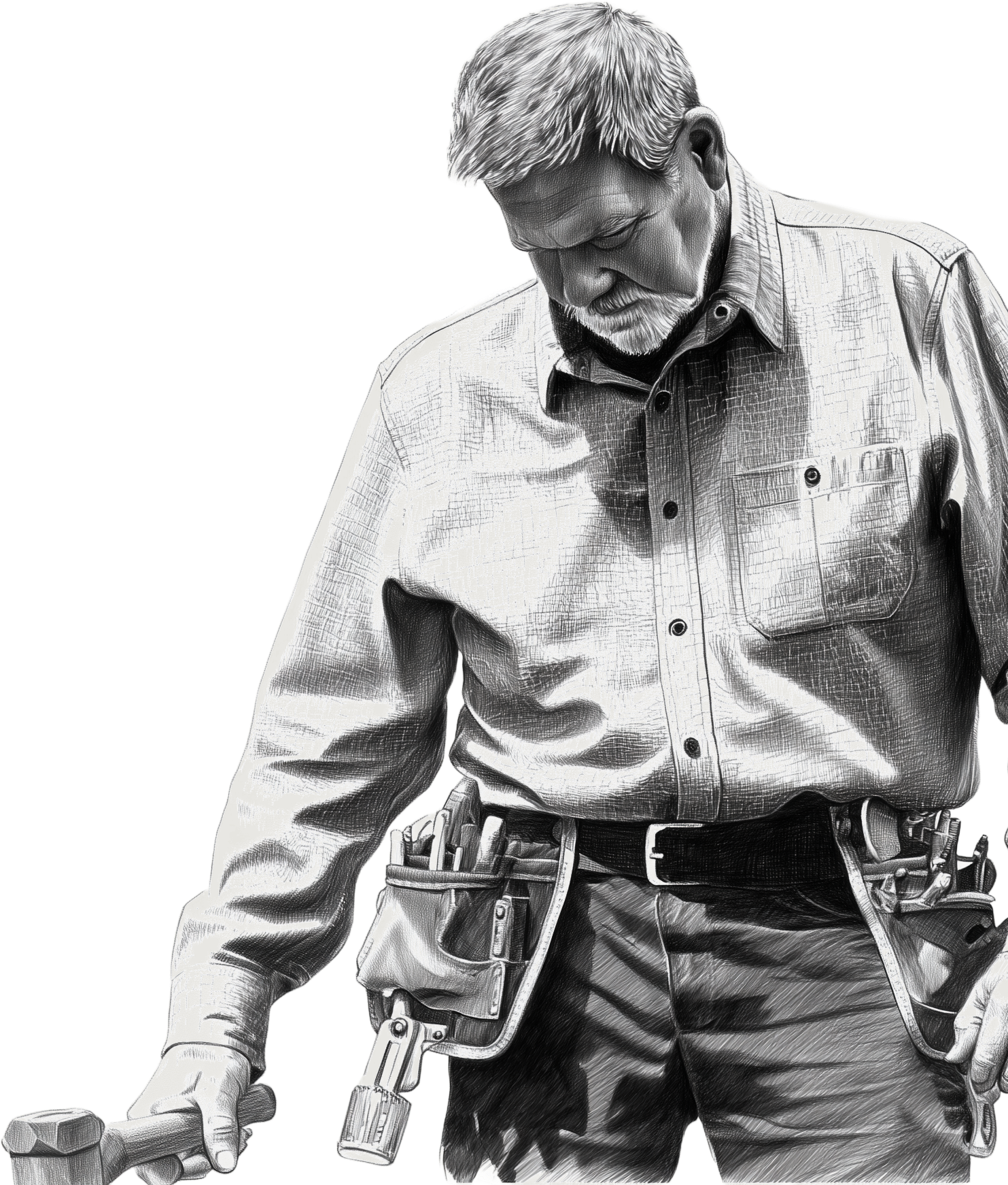 A grayscale illustration of a man dressed as a carpenter wearing a tool belt and holding a hammer.