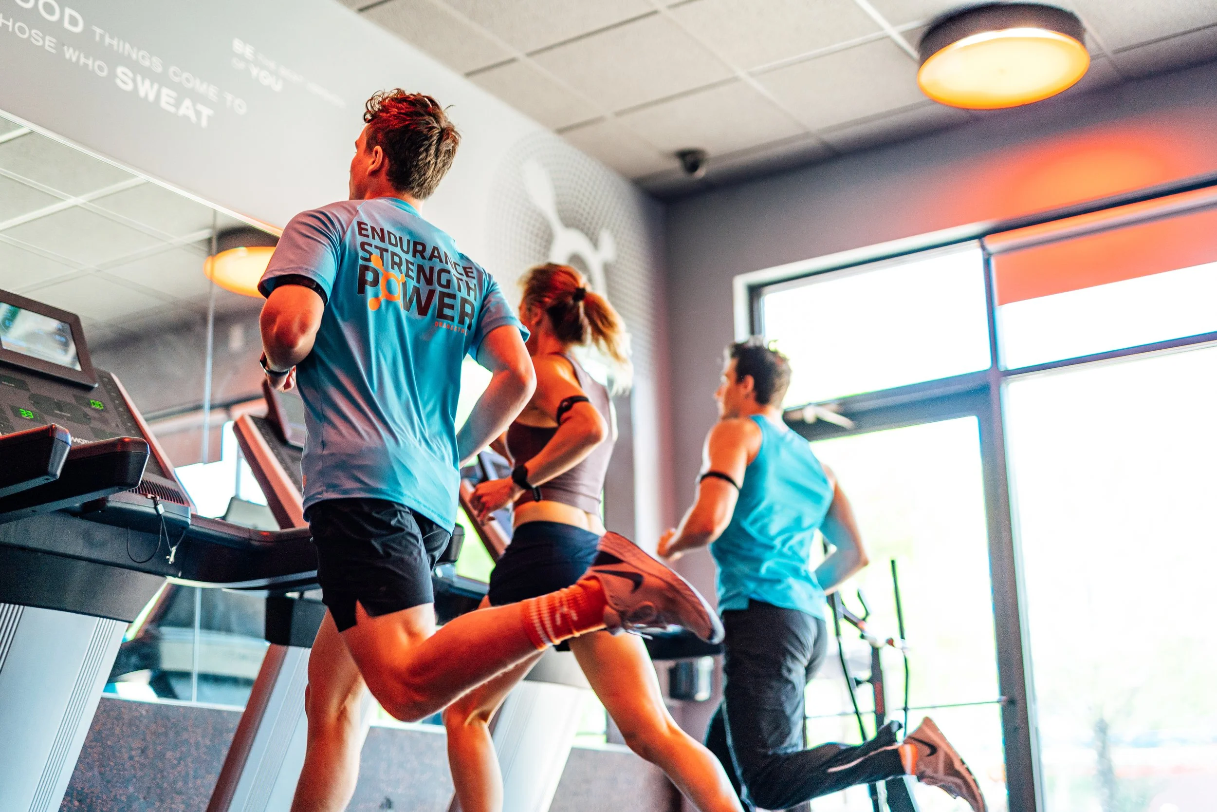 A group of people running on treadmills in a gym.
