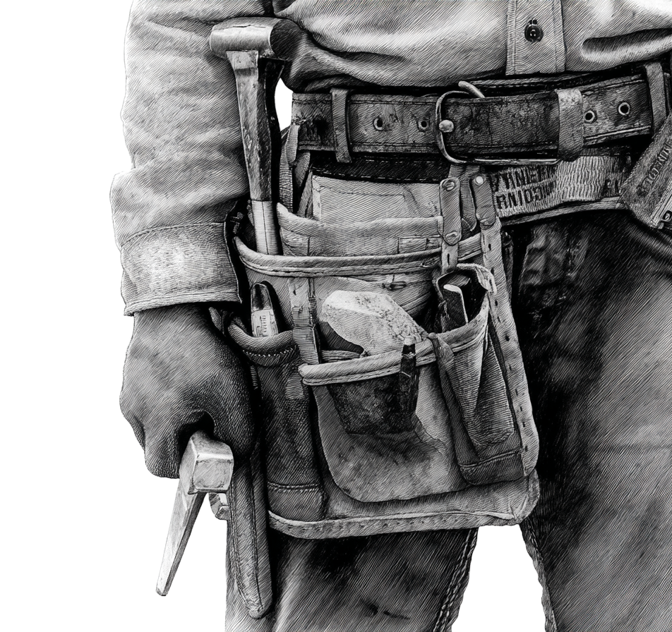 Close-up of a worker's belt with tools including a hammer, pliers, and a pencil, attached to a tool pouch on their waist, with part of the worker's gray shirt and jeans visible.