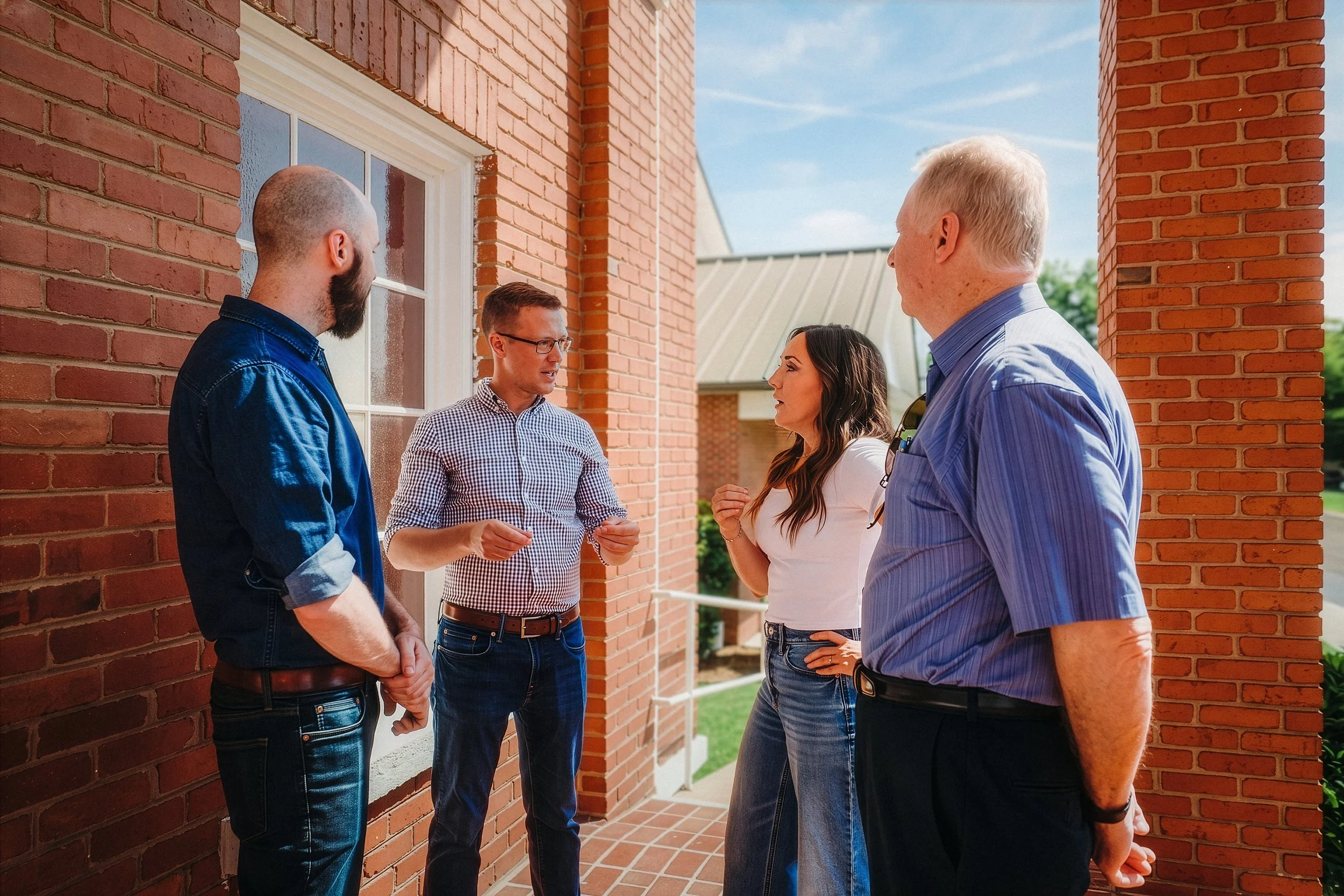 Five people stand outside on a porch talking. They are near a red brick wall and a window, with a partly cloudy sky in the background.