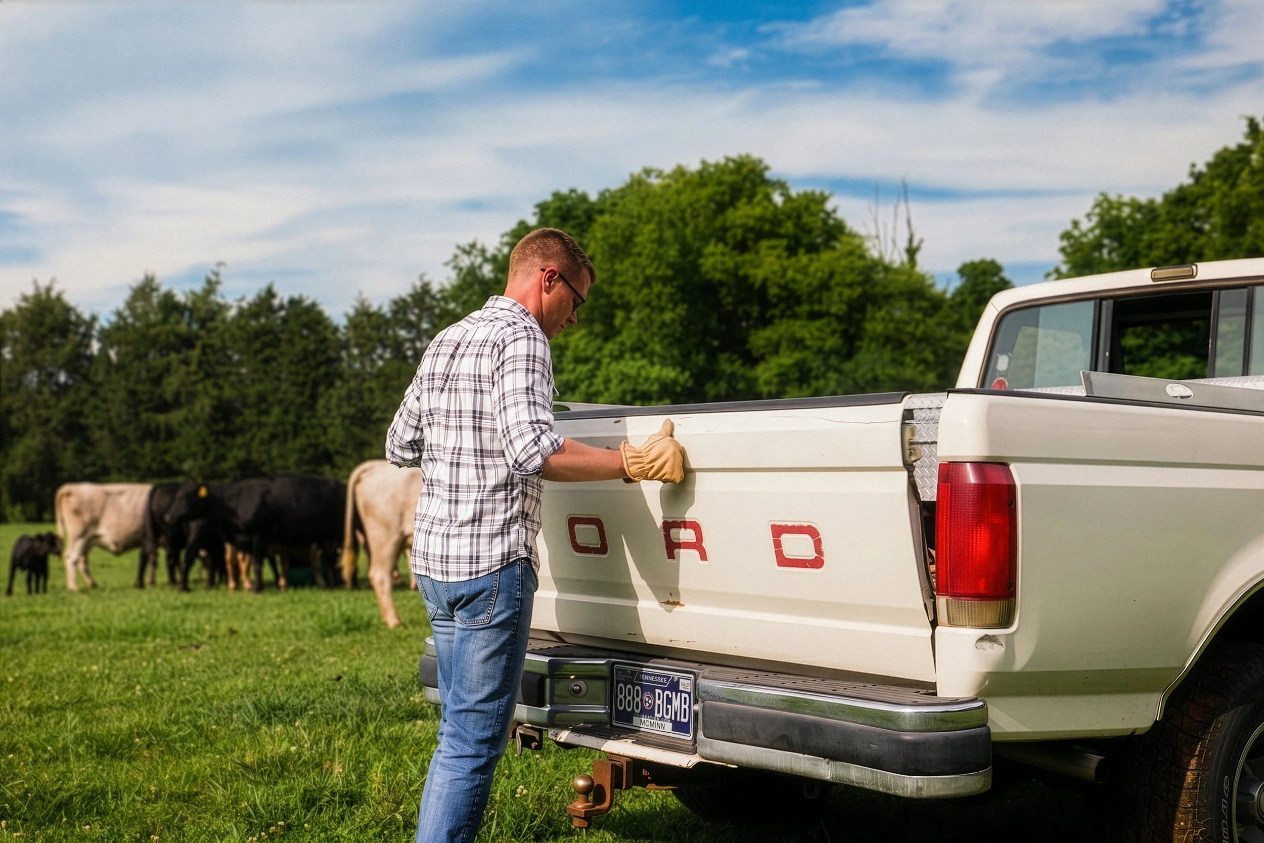 A man in a plaid shirt and sunglasses is closing the tailgate of a white vintage Ford pickup truck on a farm with cows grazing in the background and green trees under a blue sky.