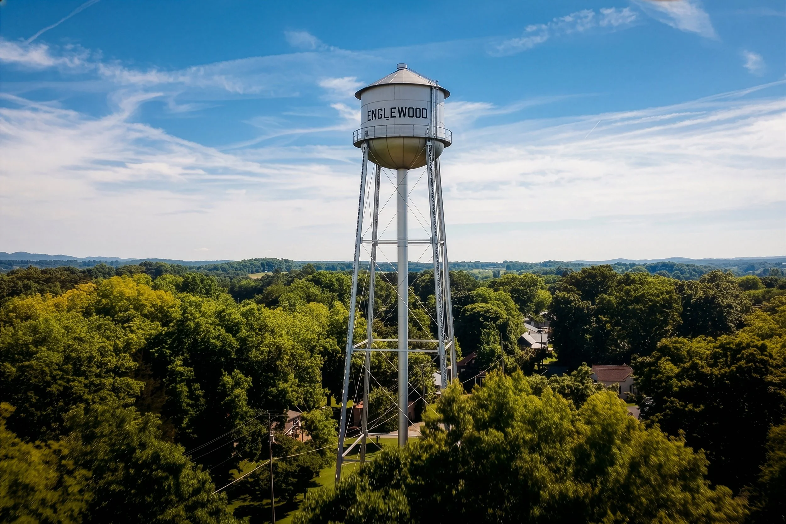A water tower with the word 'Englewood' on it, standing above a lush green neighborhood under a blue sky with scattered clouds.