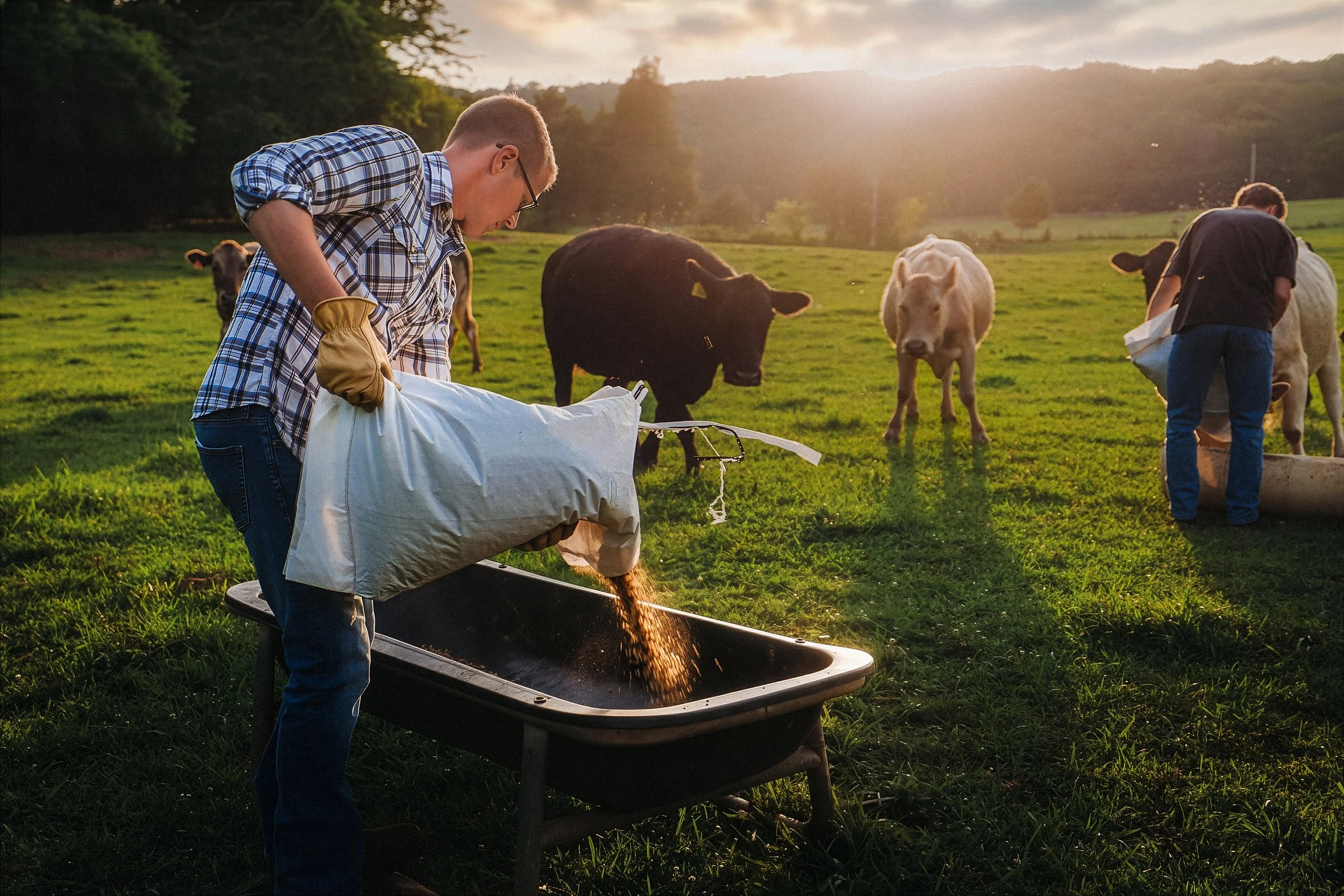 A young man feeding hay to cows in a green pasture during sunset.