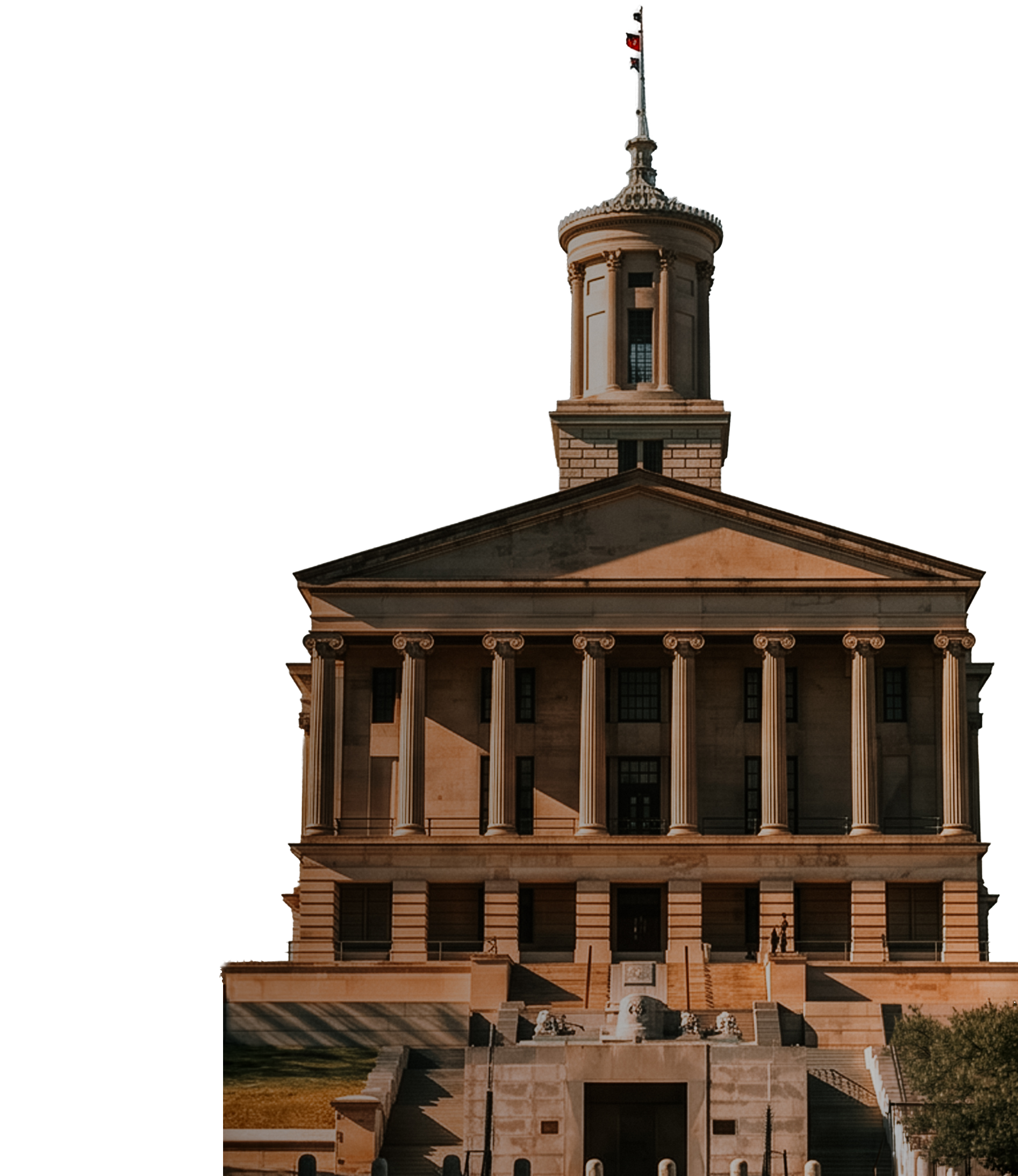 A cutout of the Tennessee state capitol building at sunset