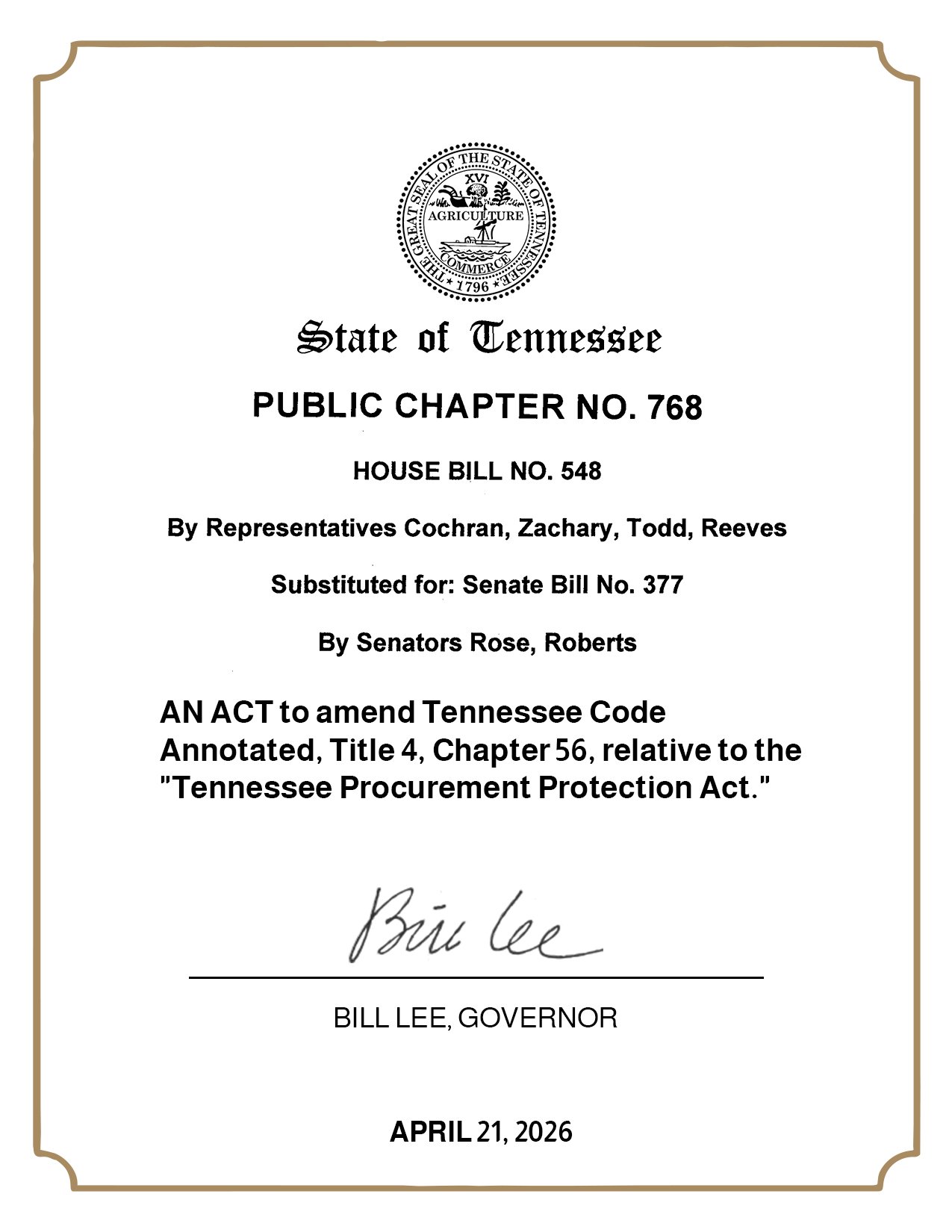 Official document from the State of Tennessee with the state seal at the top, titled 'Public Chapter No. 768,' about an act to amend Tennessee Code related to procurement protection, signed by Governor Bill Lee, dated April 21, 2026.