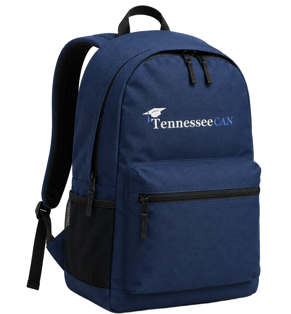 A navy blue backpack with the words "TennesseeCAN" embroidered on the front pocket.