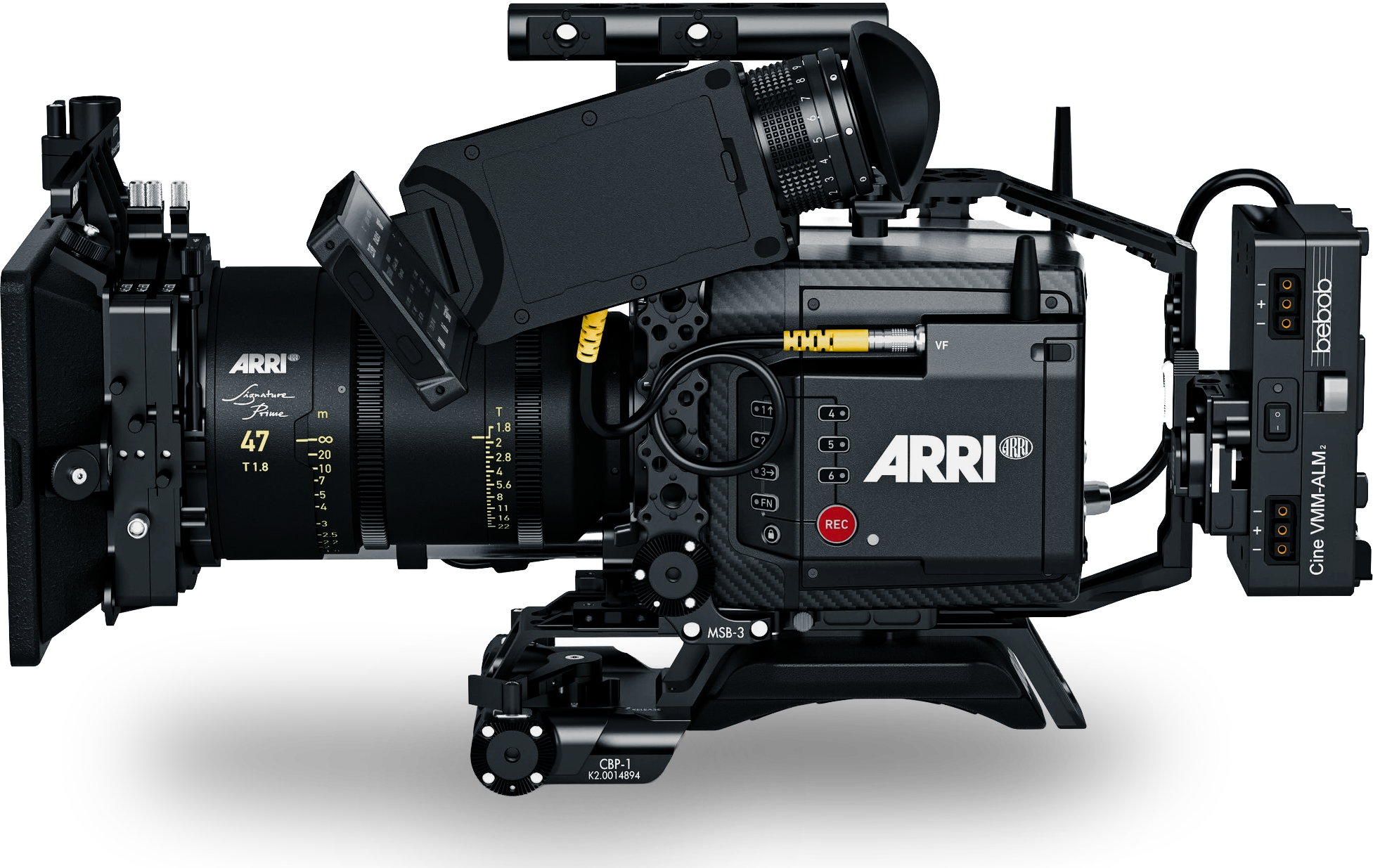 Close-up of a professional cinema camera with various attachments, including a matte box, viewfinder, and control panels, mounted on a rig.