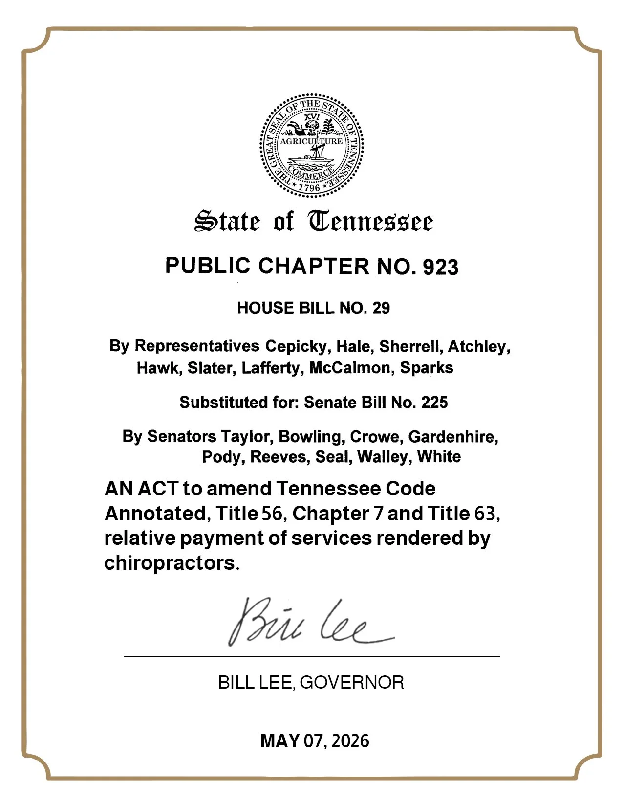 Tennessee state government bill document for House Bill No. 29, signed by Governor Bill Lee on May 7, 2026, with signatures and official seals.
