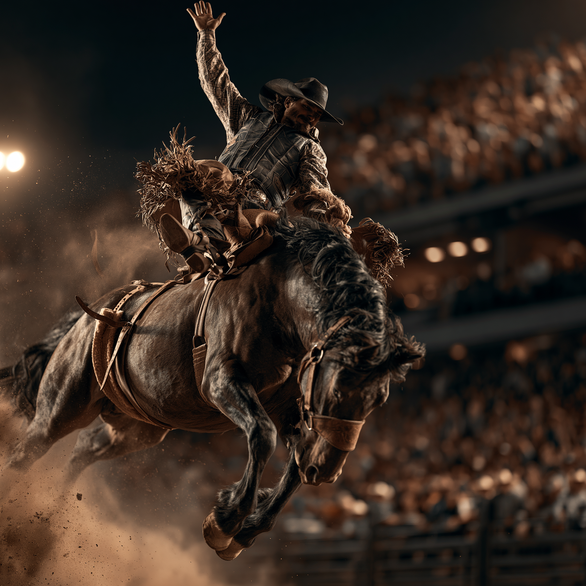 A cowboy wearing a black cowboy hat, plaid shirt, and protective vest riding a bucking bull in a rodeo arena at night.