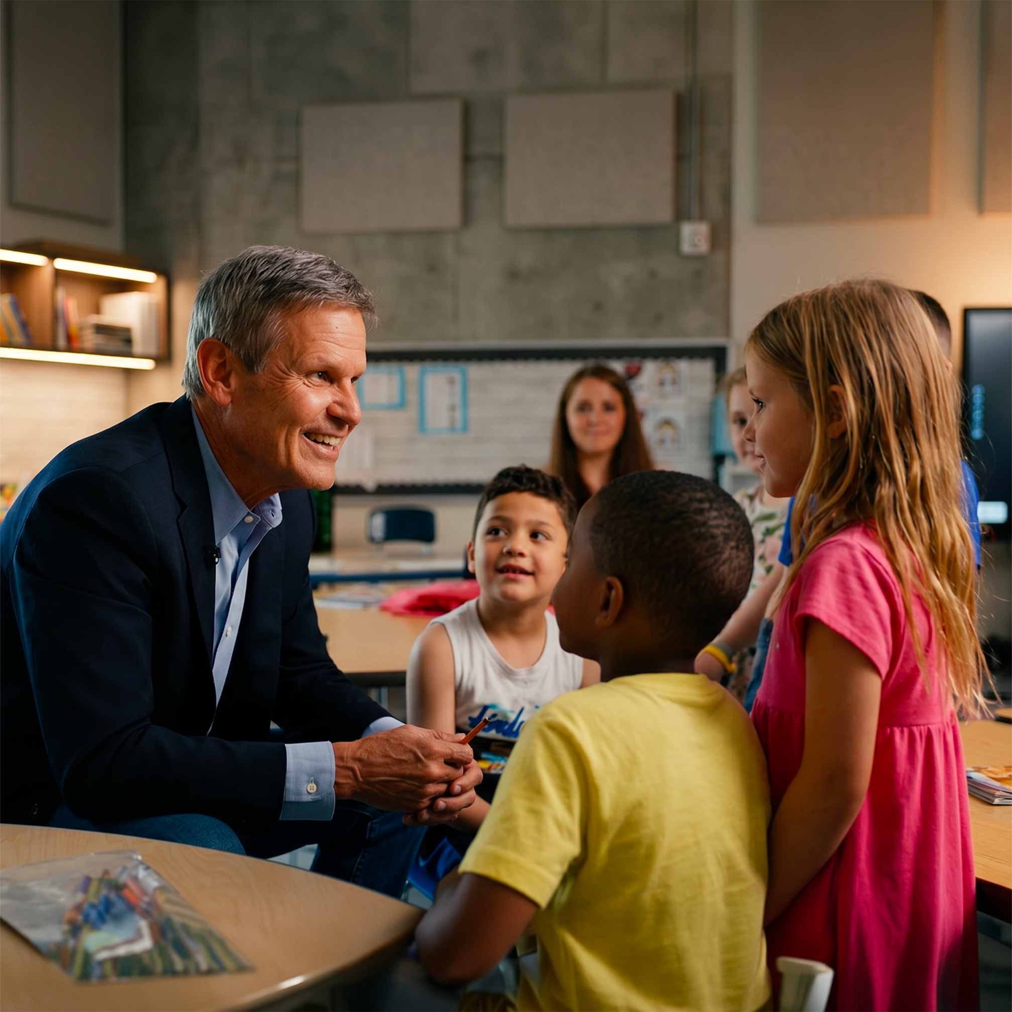 A man in a suit engaging in a conversation with a group of students in a classroom setting.