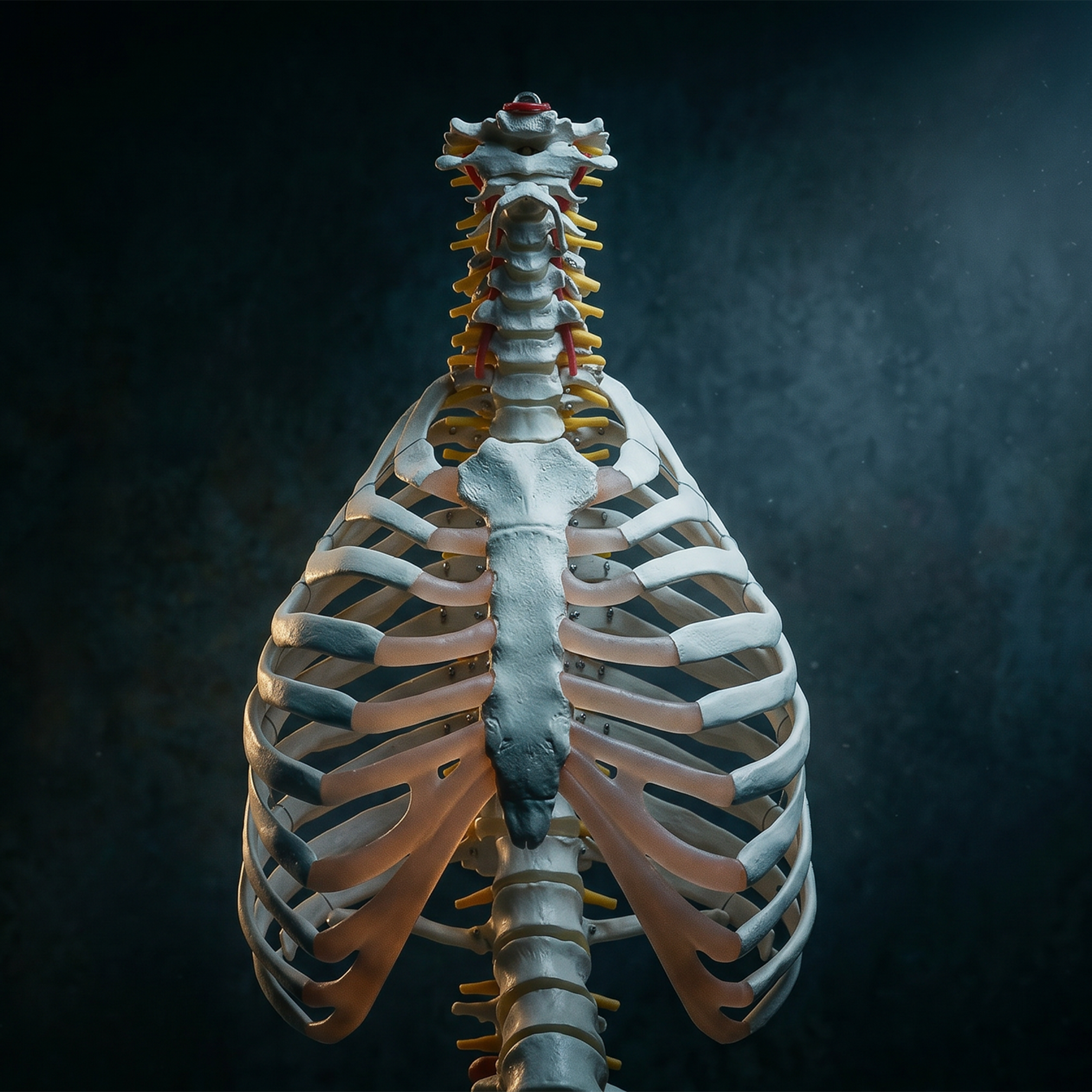 A human skeleton model viewed from the back, showing the spine and rib cage, against a dark background.