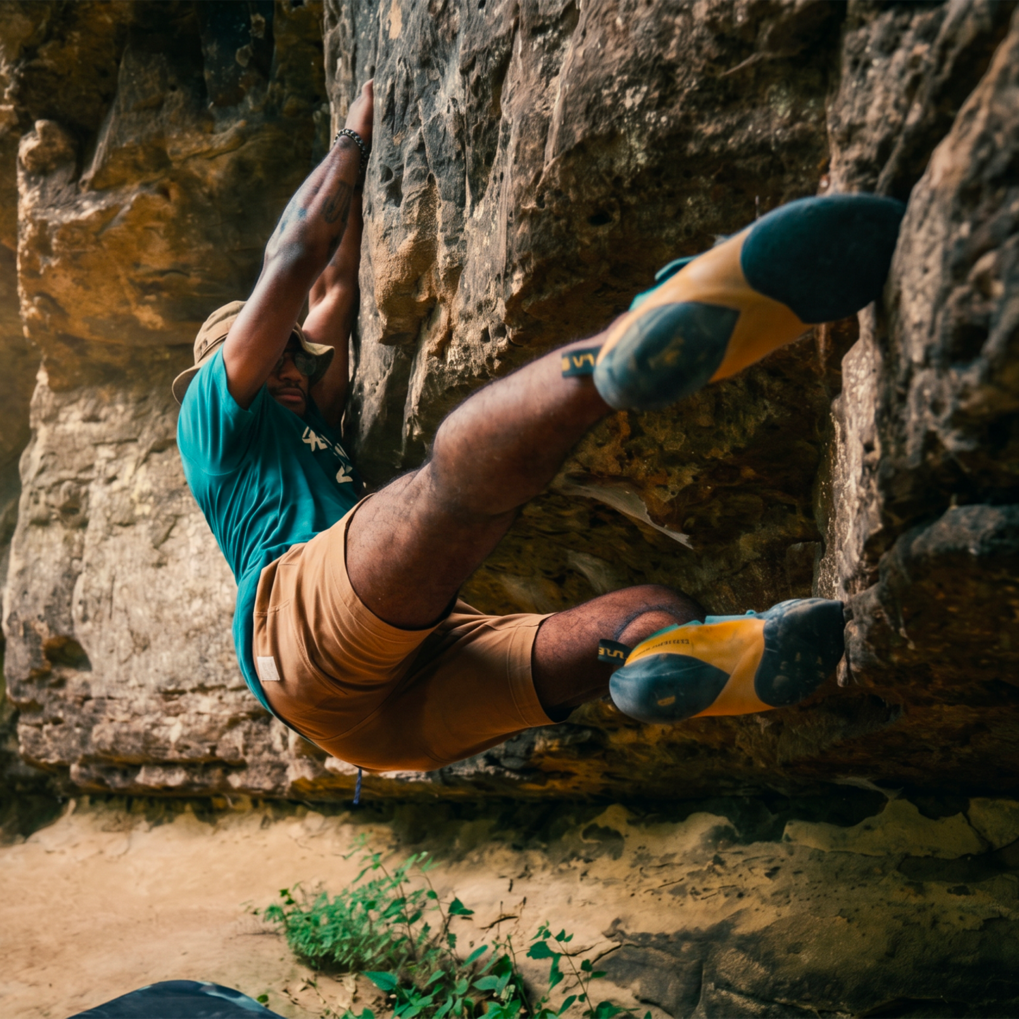 A person rock climbing outdoors on a steep, rugged rock wall with a mix of brown and gray tones, wearing a teal shirt, tan shorts, a hat, and climbing shoes, with green plants at the base.