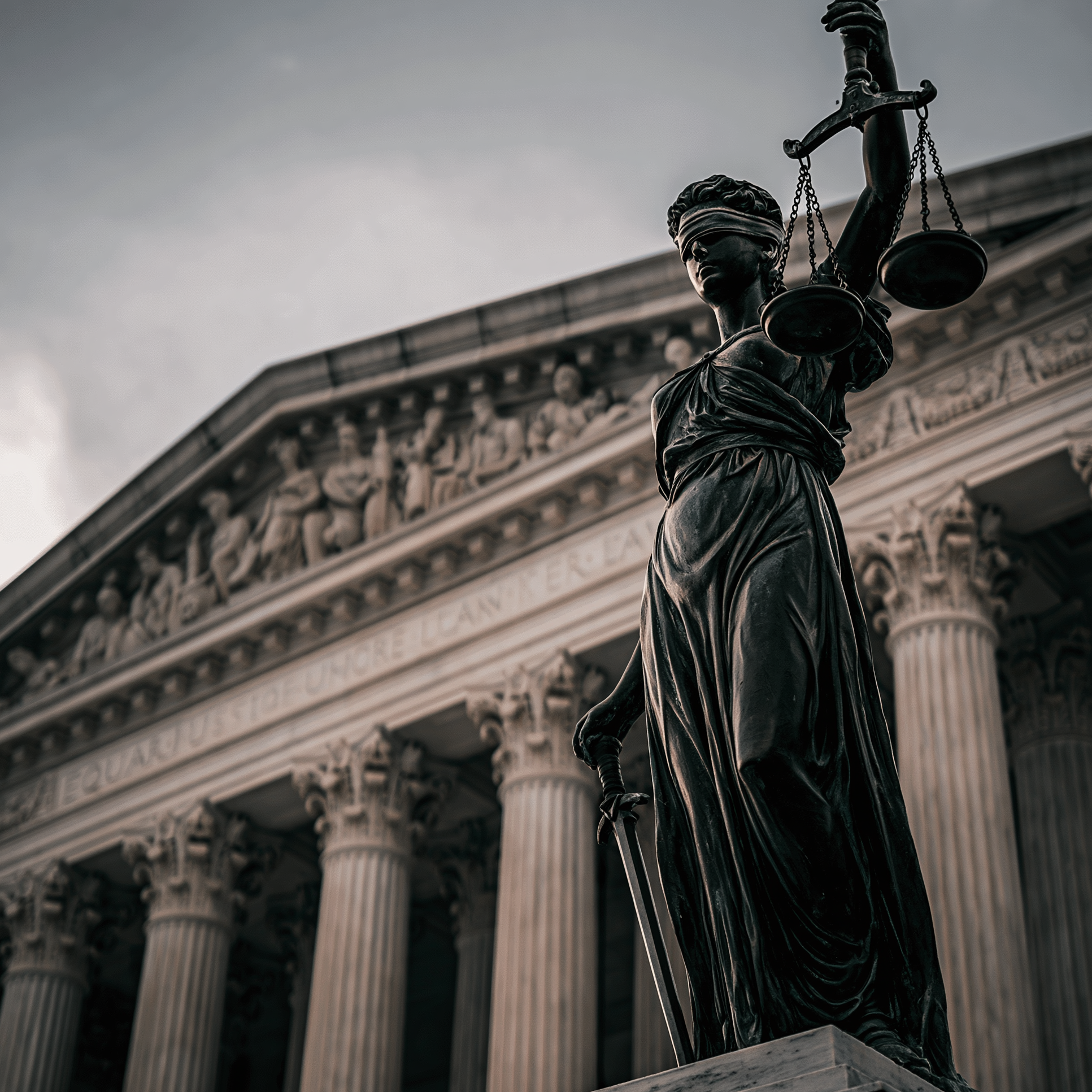 The image features a bronze statue of Lady Justice, who is blindfolded, standing on a stone pedestal in front of a classical building with tall, fluted columns and intricate architectural details.