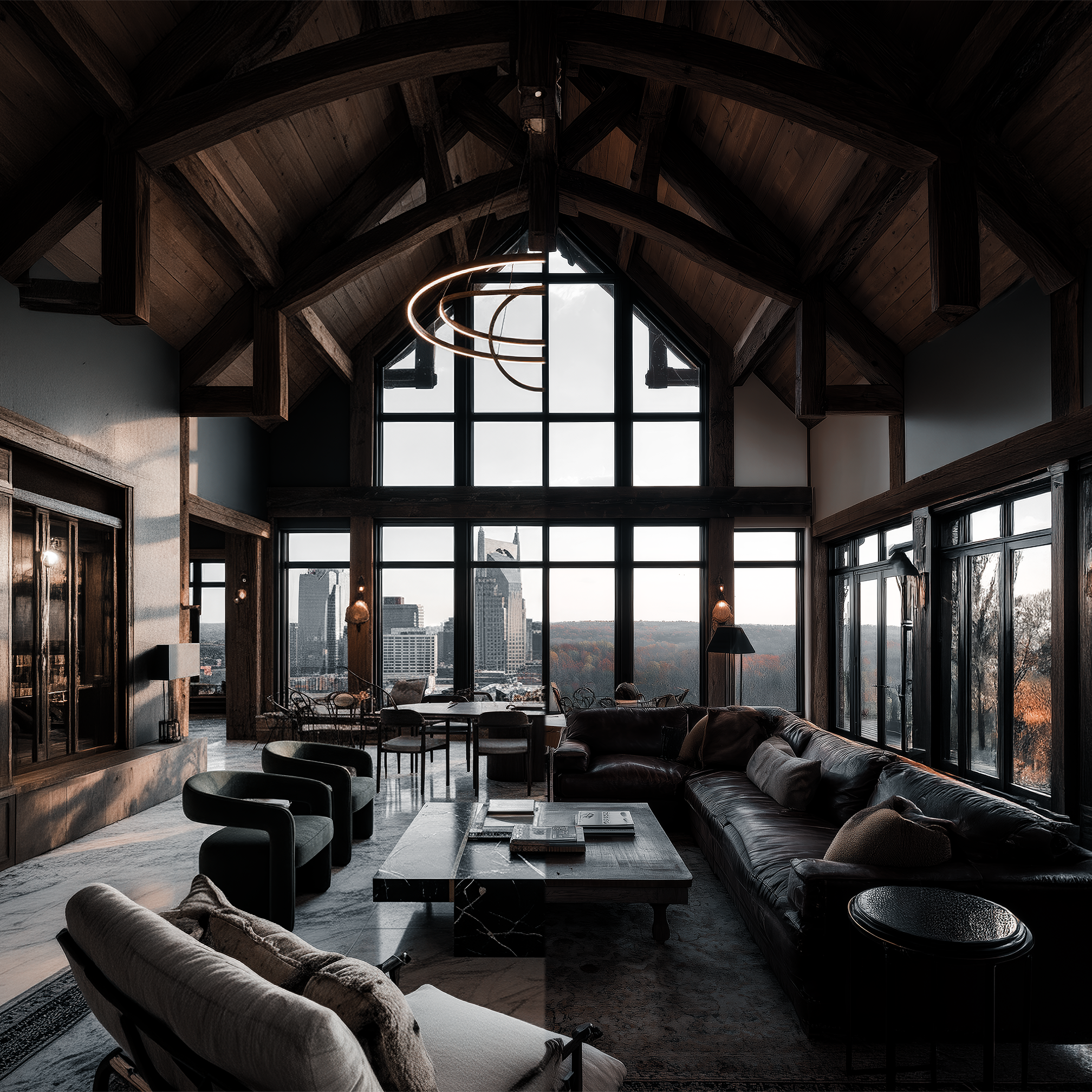 Interior of a modern living room with large windows, leather and fabric sofas, a marble coffee table, and a view of a city skyline. The room features a high, vaulted wood ceiling with a circular light fixture.