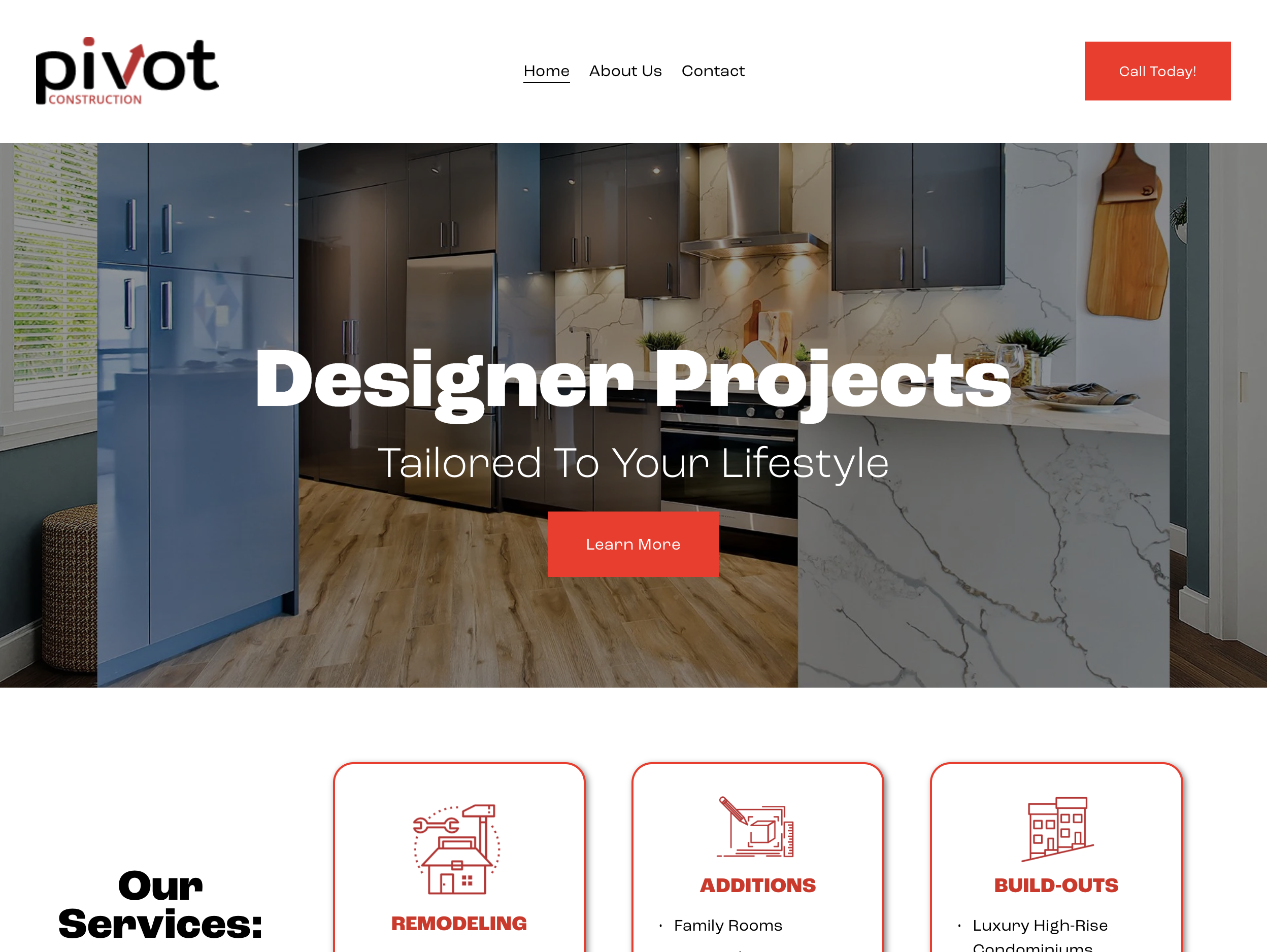 An outdated company website homepage for Pivot Construction showing a modern kitchen with text "Designer Projects Tailored To Your Lifestyle" and a red "Learn More" button.