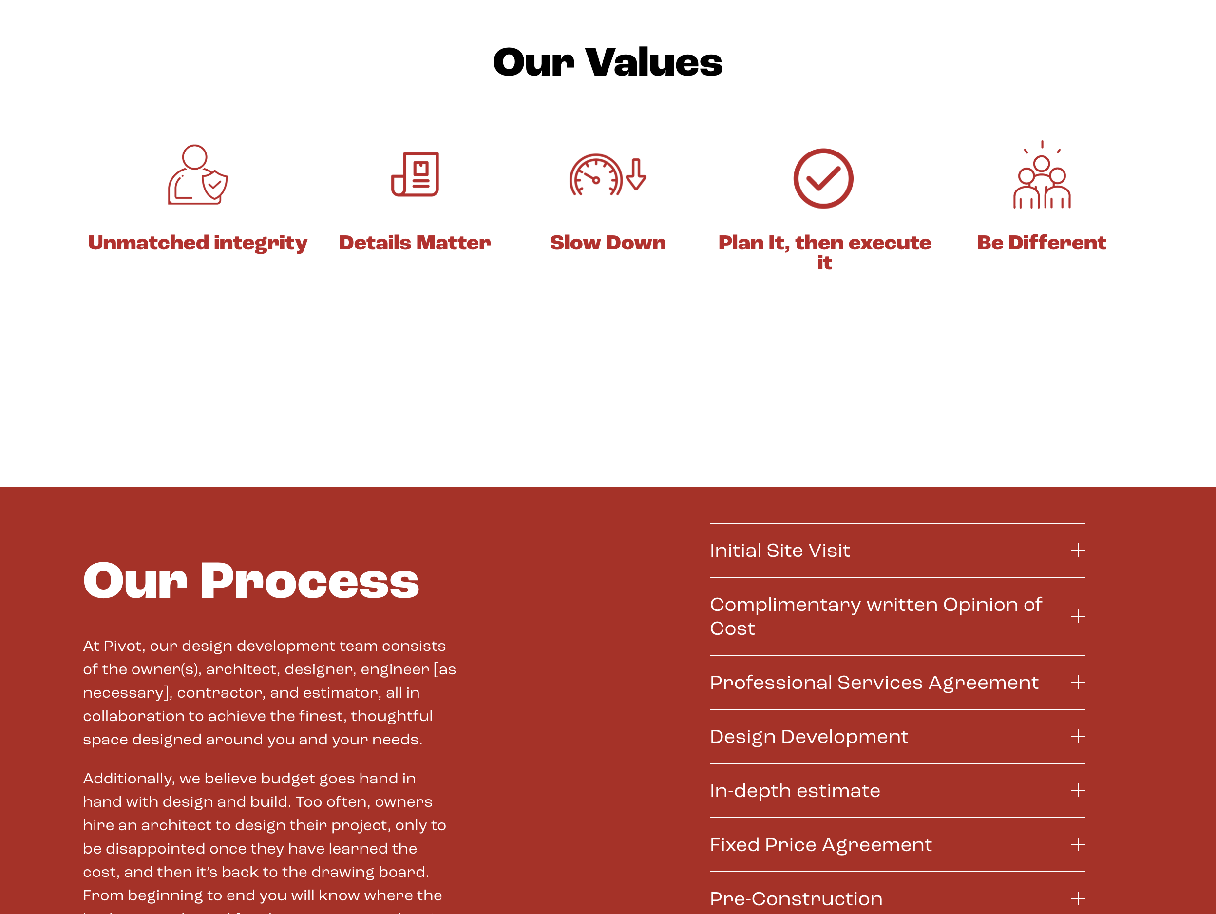 An outdated webpage featuring an infographic titled "Our Values" with icons and text emphasizing integrity, attention to detail, patience, planning, innovation, and differentiation.