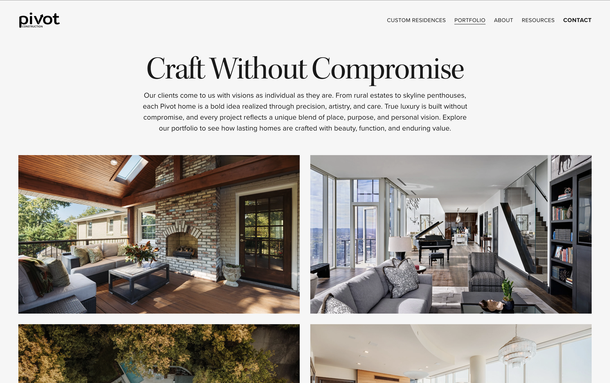 Screenshot of a website homepage for Pivot Construction, featuring the slogan "Craft Without Compromise" and images of modern residential interiors and exteriors.