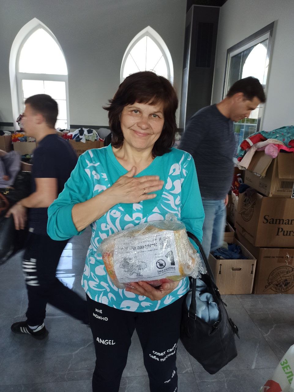 A woman that received humanitarian assistance in Zaporizhzhia