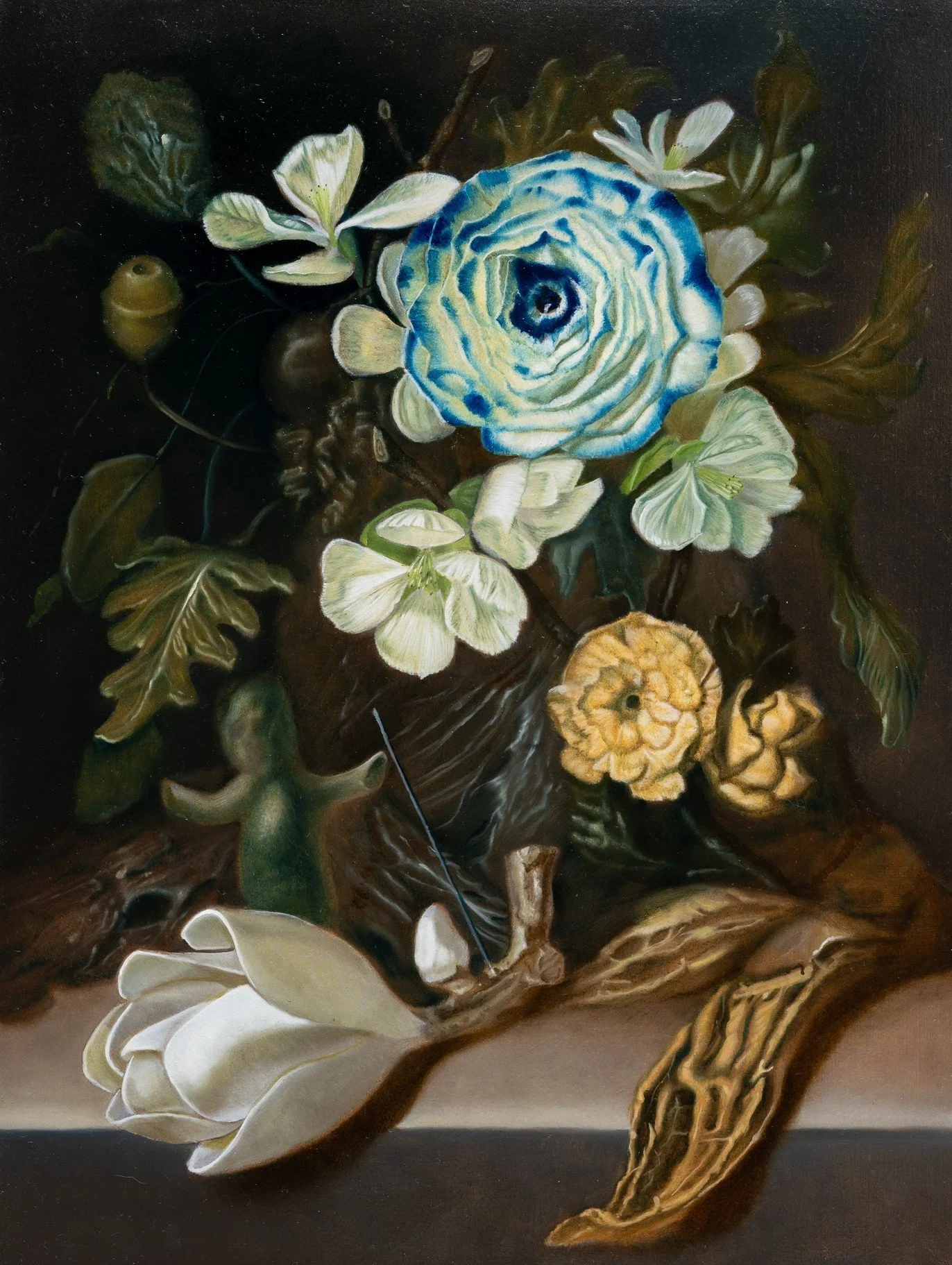 Decomposition with Ceramic Flora, Plum Blossoms, Found Figure, Lam’s Incense