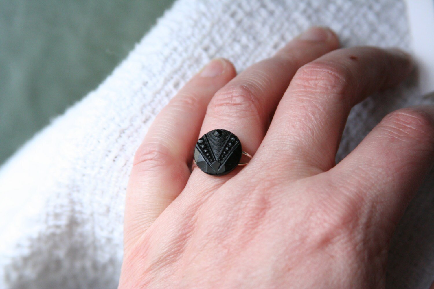 Black Glass Ring Art Deco button Jewelry