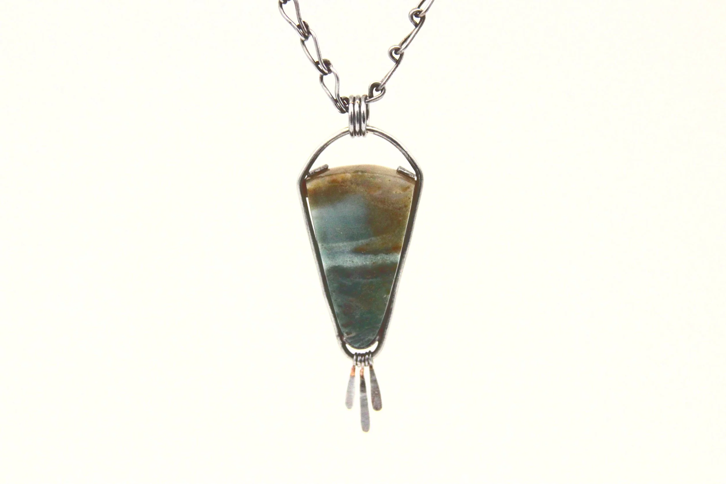 Handmade opalized wood stone pendant necklace set in oxidized steel with triple fringe drop and twisted chain