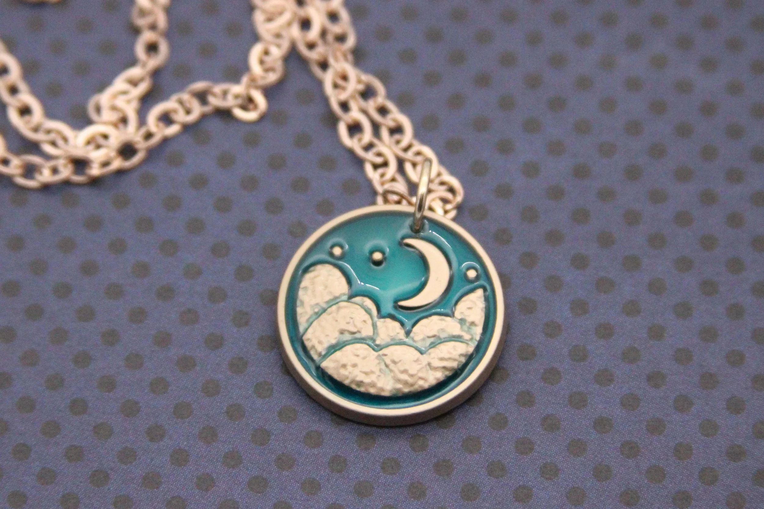 Night Sky Enamel Pendant Necklace — Pale Gold with Teal Sky Scene