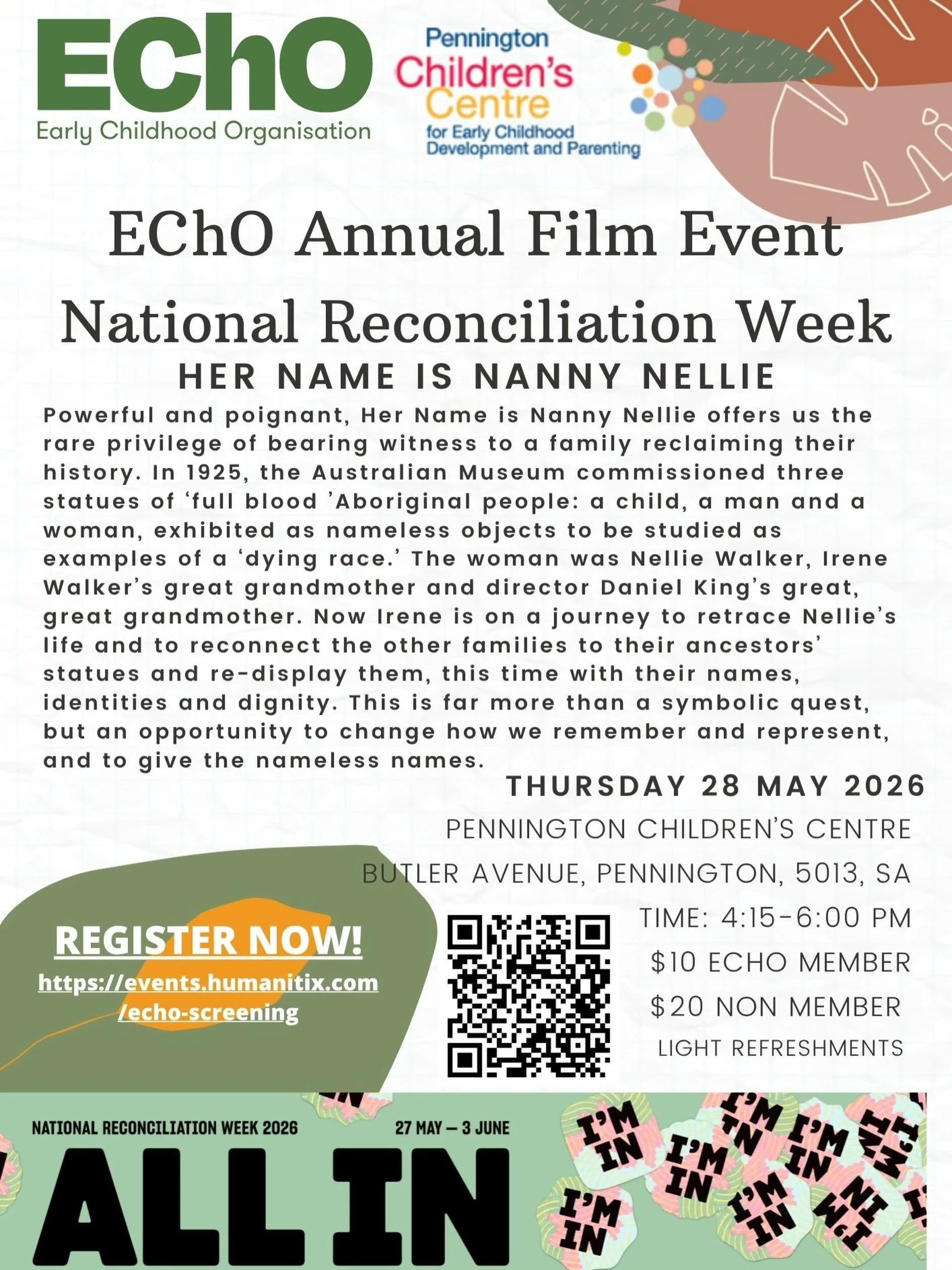 We invite you to join us for our annual National Reconciliation Week Film Screening 
📆Thursday 28 May
⏰ 4.15pm- 6.00pm
📍Pennington Children's Centre

🔗https://events.humanitix.com/echo-screening (link in bio)