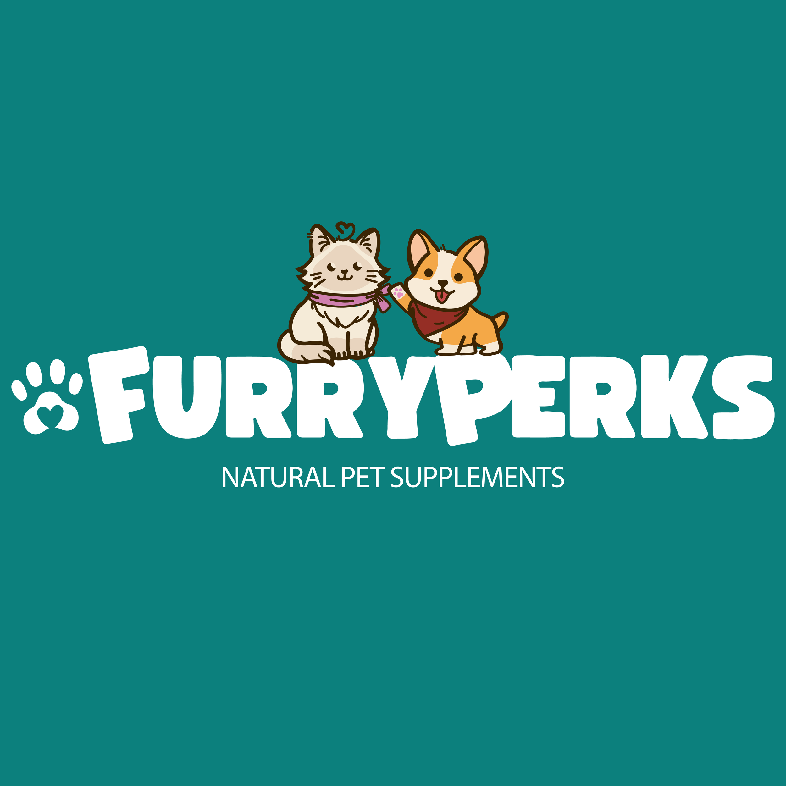 Logo for Furry Perks featuring illustrated dog and cat wearing bandanas, with the tagline 'Natural Pet Supplements'.
