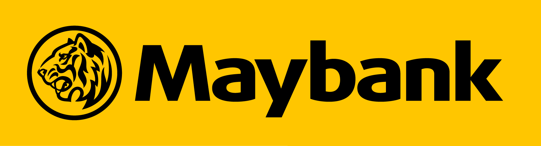 Maybank logo with a black lion emblem on a yellow background and the word "Maybank" next to it.