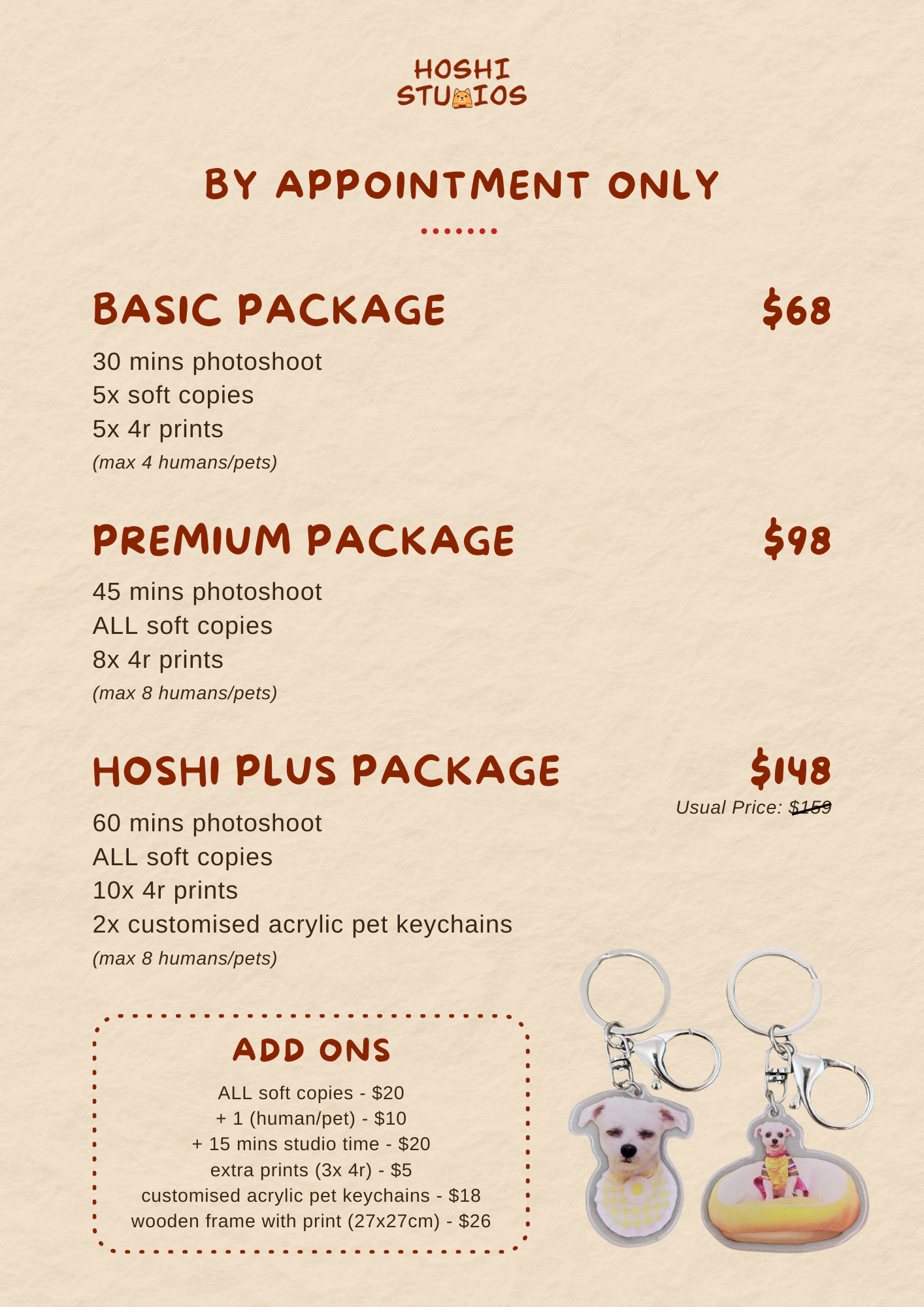 Photograph of a photography studio menu with pricing for different packages, including optional add-ons, and images of two acrylic pet keychains at the bottom right.