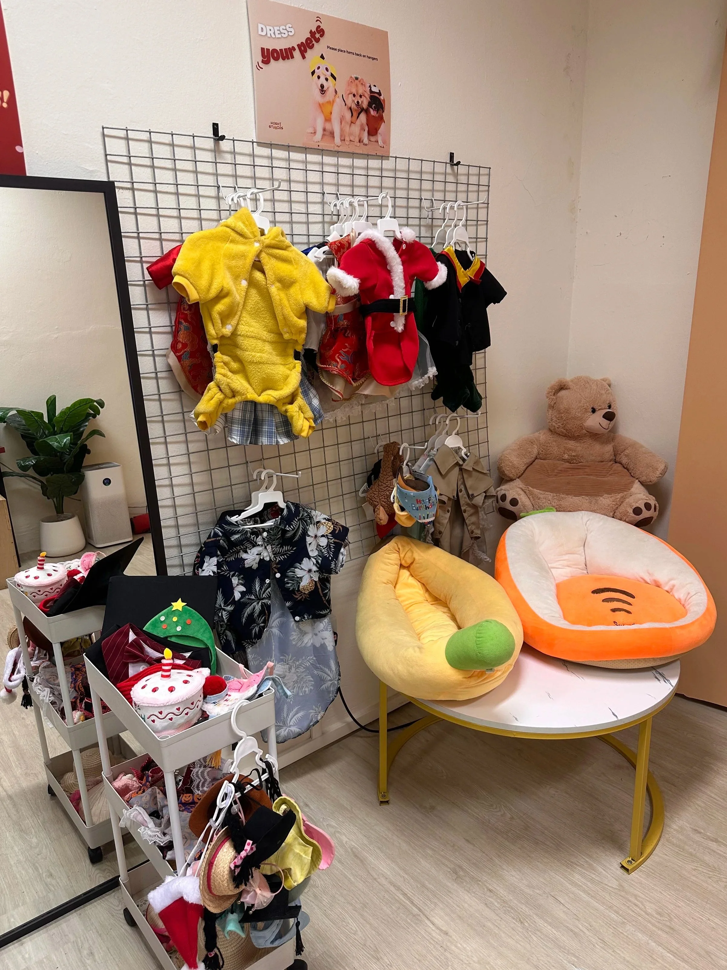 Section of a pet store display with dog costumes, plush dog toys, and pet accessories. Includes pet beds shaped like a banana and an orange slice, a teddy bear, and decorative items.