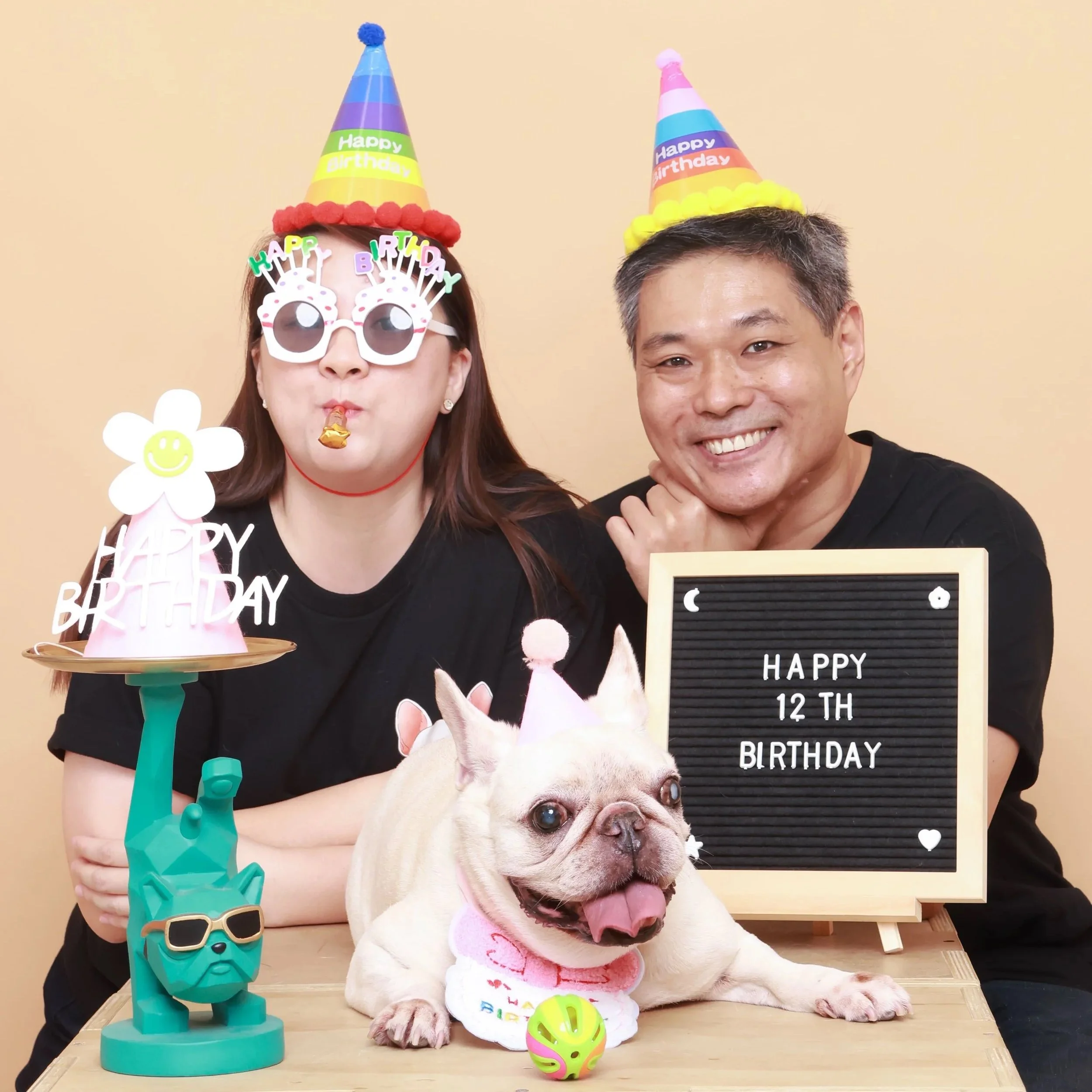 Two people celebrating a dog's birthday with party hats, fun glasses, a cake with a "Happy Birthday" topper, and a sign that says "Happy 12th Birthday." A French Bulldog wearing a birthday hat and a colorful ball are also present.