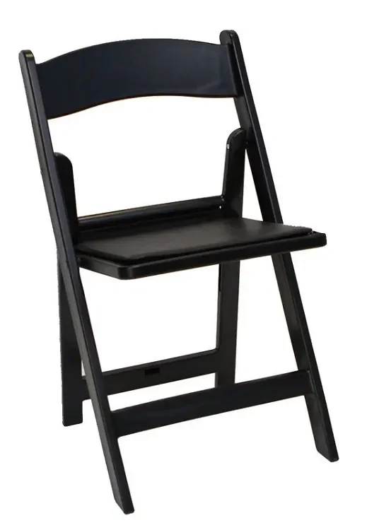 Black folding chair with a padded seat and a high backrest.