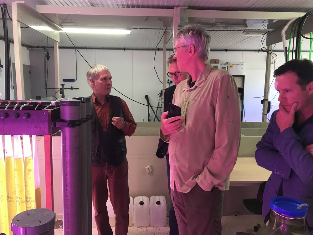  Uitleg bij de algenreactor (v.l.n.r. Michaël Laterveer (BlueLinked, mede-oprichter Stichting Oceans at Work), Geert Boesjes, Hans van Hilten, Jeroen van Dongen (Waddenfonds). 