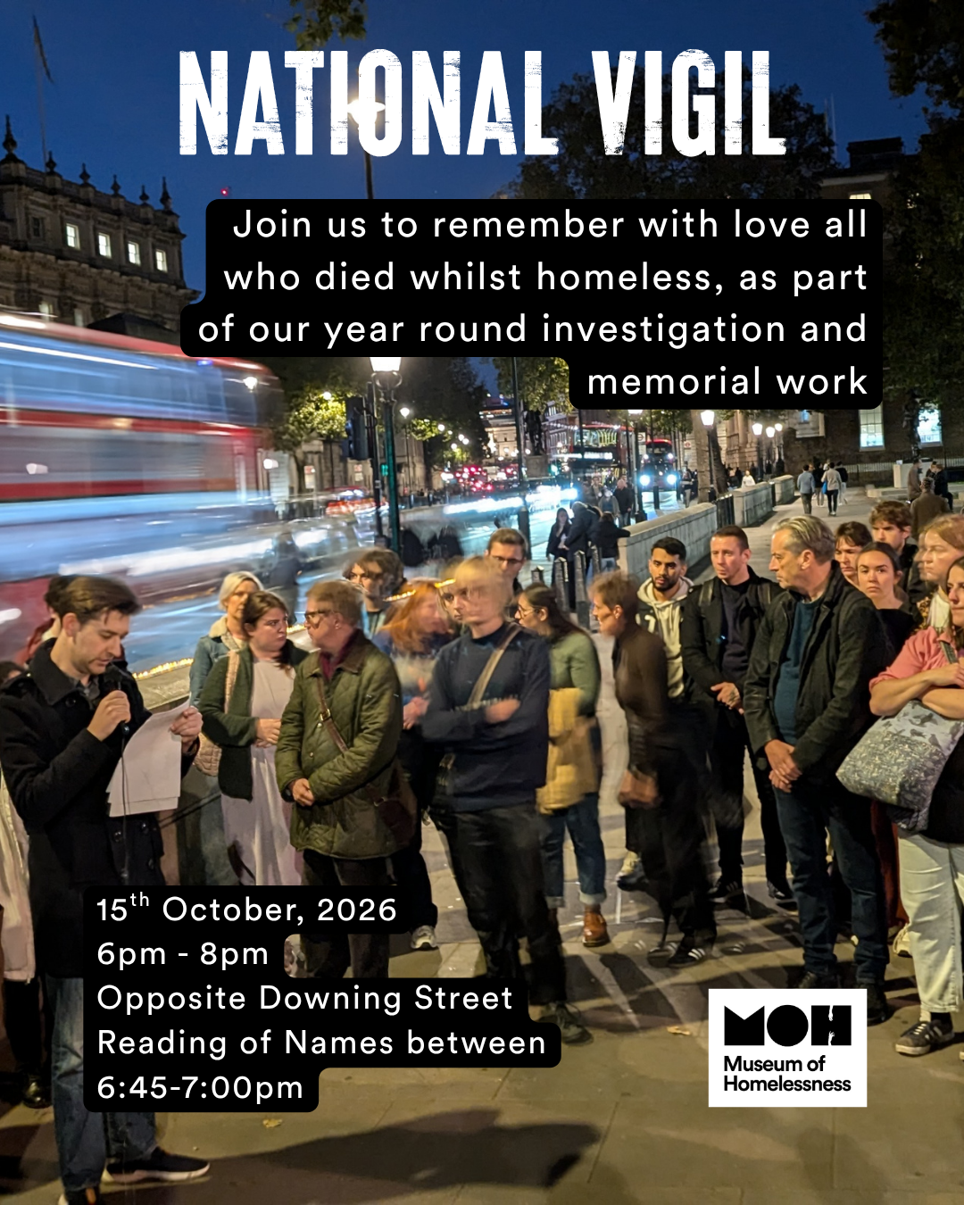 An image of a man reading names at a vigil, with the text "National Vigil: Join us to remember with love all who died whilst homeless, as part of our year round investigation and memorial work