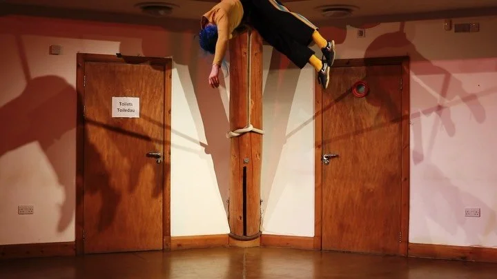 Ode de Toilet 🚽 

Early experiments in site-specific aerial @syrcasbydbach using the beautiful architecture (locally grown Douglas fir uprights) of the building. 

Filmed by @heather.birnie with lighting by @billjhamblett 

Not pictured: gaffer tapi