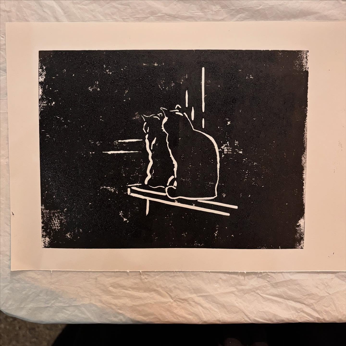 Artist date night with @molly.aphra. Excellent lino print workshop with @print_sal. Mia &amp; Murphy by me; day-of-the-dead beetle by Molly. #artistsdate