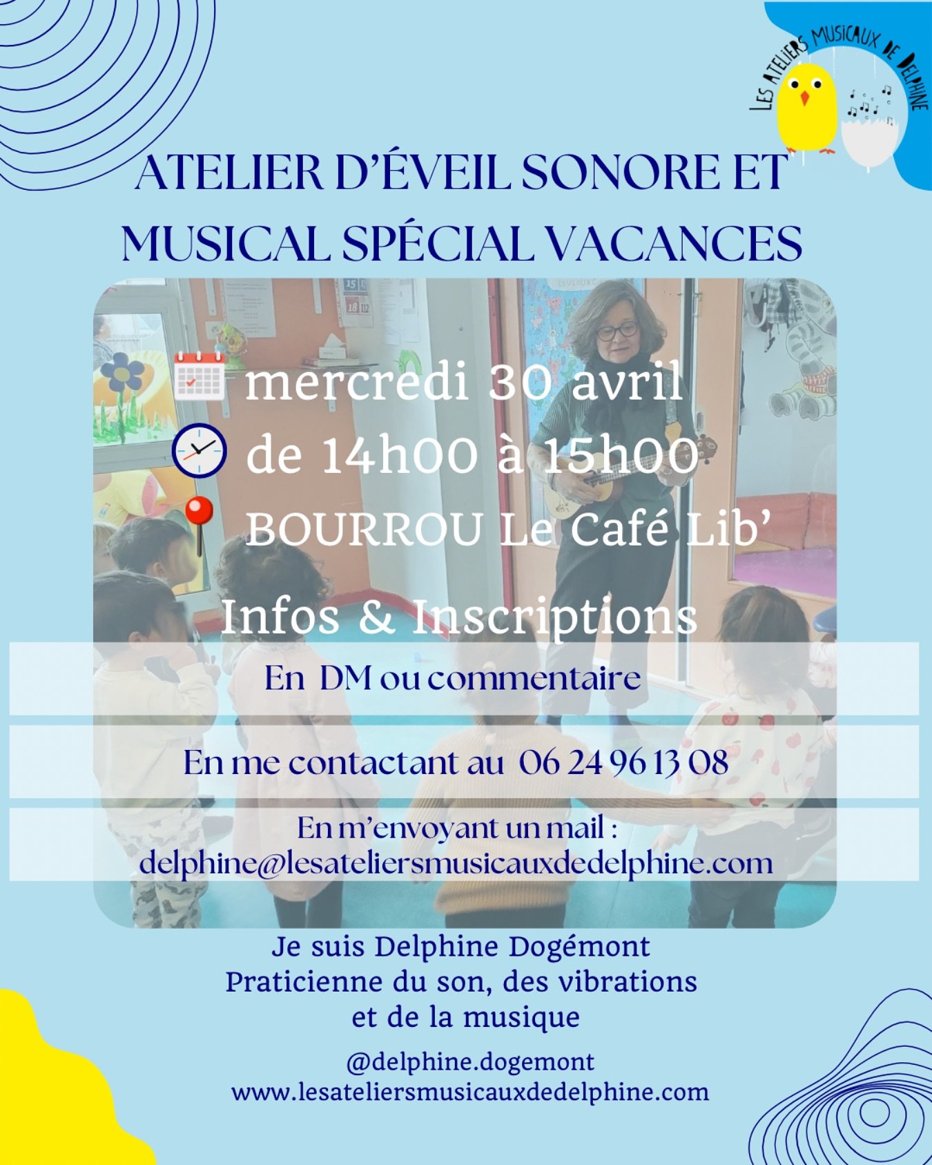 🎶✨ ATELIER SP&Eacute;CIAL VACANCES POUR LES 3-6 ANS ✨🎶

📍 Mercredi 30 avril de 14h &agrave; 15h au Caf&eacute; Lib&rsquo; de Bourrou

Un apr&egrave;s-midi joyeux et plein de d&eacute;couvertes pour vos petits artistes en herbe ! 😍

Au programme :