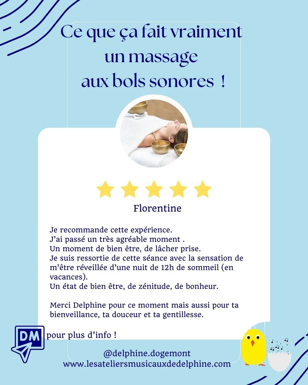 Ce que &ccedil;a fait vraiment, un massage aux bols 😍

Vos t&eacute;moignages sont toujours pr&eacute;cieux et me confortent dans le fait que les sons, les vibrations, la musique sont des outils puissants d'accompagnement ! 
Merci de me faire confia